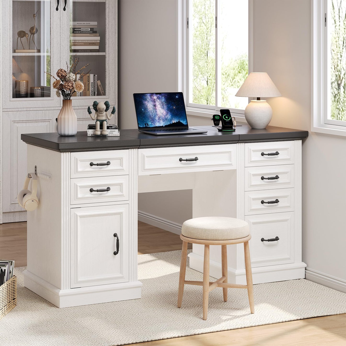 Jocoevol 57" Lift Executive Desk with Drawers, Farmhouse Home Office Desk with File Cabinet Storage, Computer Desk with Charging Station & Headphone Hook for Work/Study/Writing (White & Black, Lift)