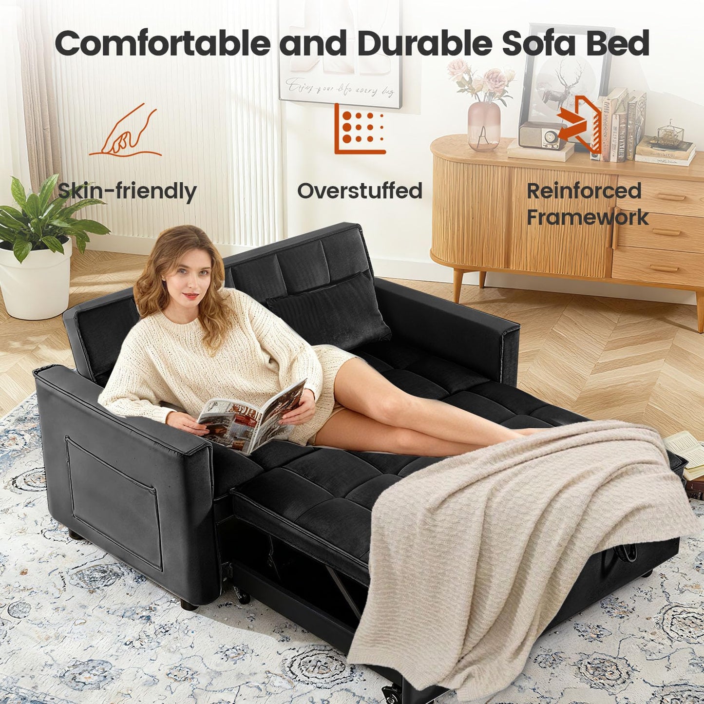 Trygoal Pull Out Couch, Loveseat Sleeper Sofa Bed with Side Pockets, 3 in 1 Velvet Fabric Convertible Sofa Bed with Adjustable Backrest for Living Room, Bedroom, Apartment, Black