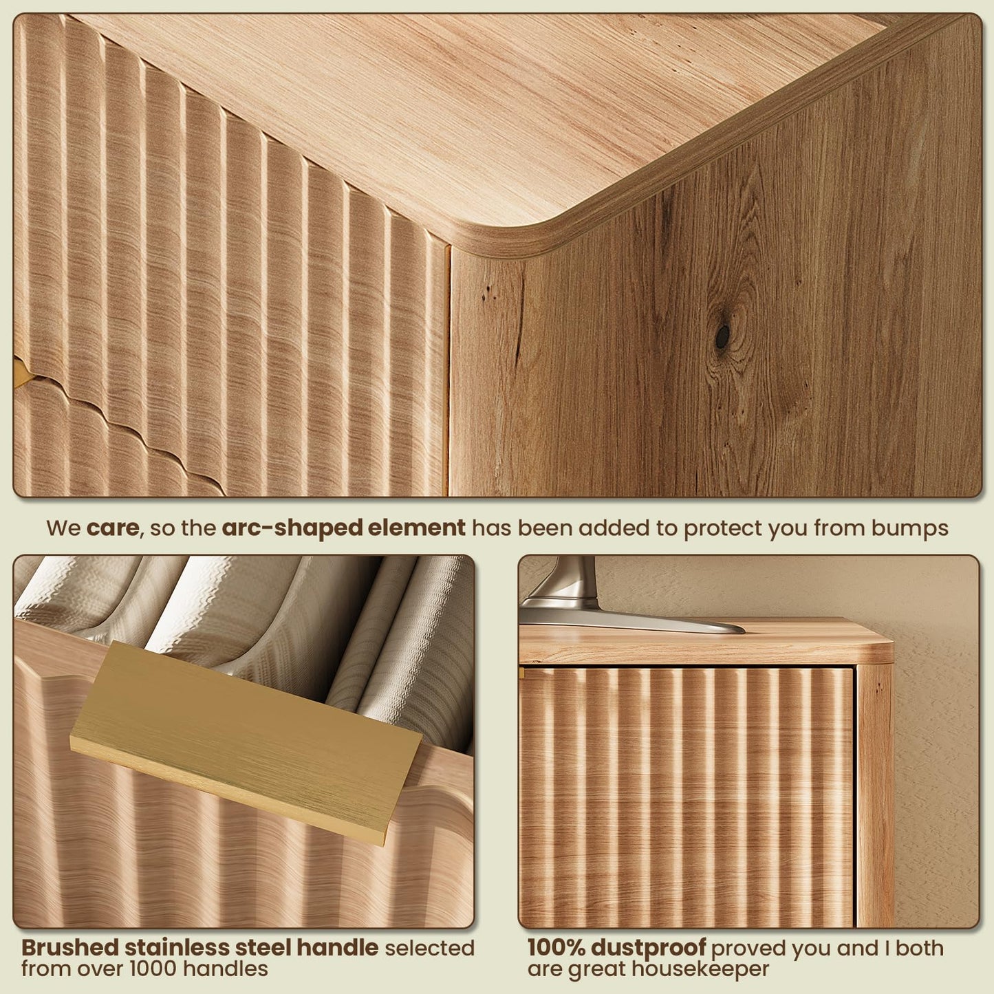 TROJM 47'' Wide 6 Drawers Dresser for Bedroom,Modern Fluted Vertical Chest with Rounded Corners,Fluted Dresser for Living Room,Hallway, Natural Wood