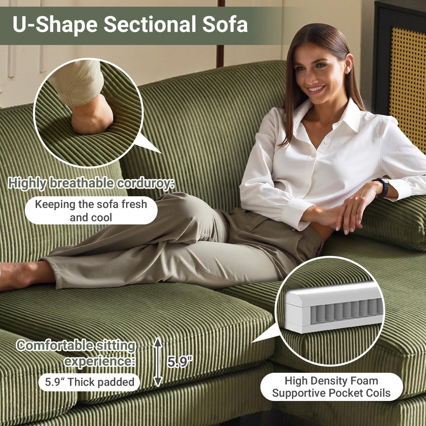 VINGLI 110" Sectional Couches for Living Room,U Shaped Couch with Double Chaise, 4-Seat Sofa Set with Corduroy Fabric for Home Furniture,Green