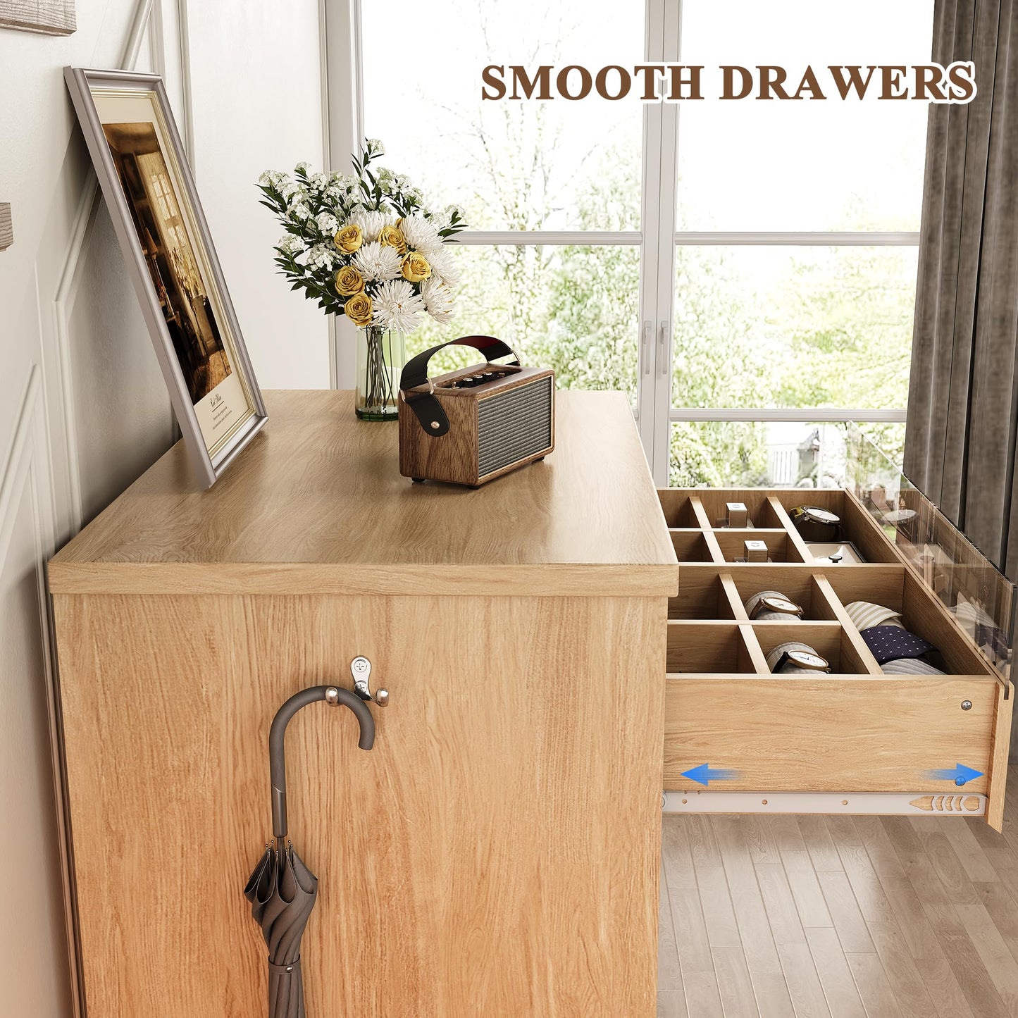 Jocoevol 5 Drawer Dresser for Bedroom with LED Light, Modern Chest of Drawers with Hidden Handles, Tall Wooden Dresser Closet for Living Room, Entryway, Hallway - Oak