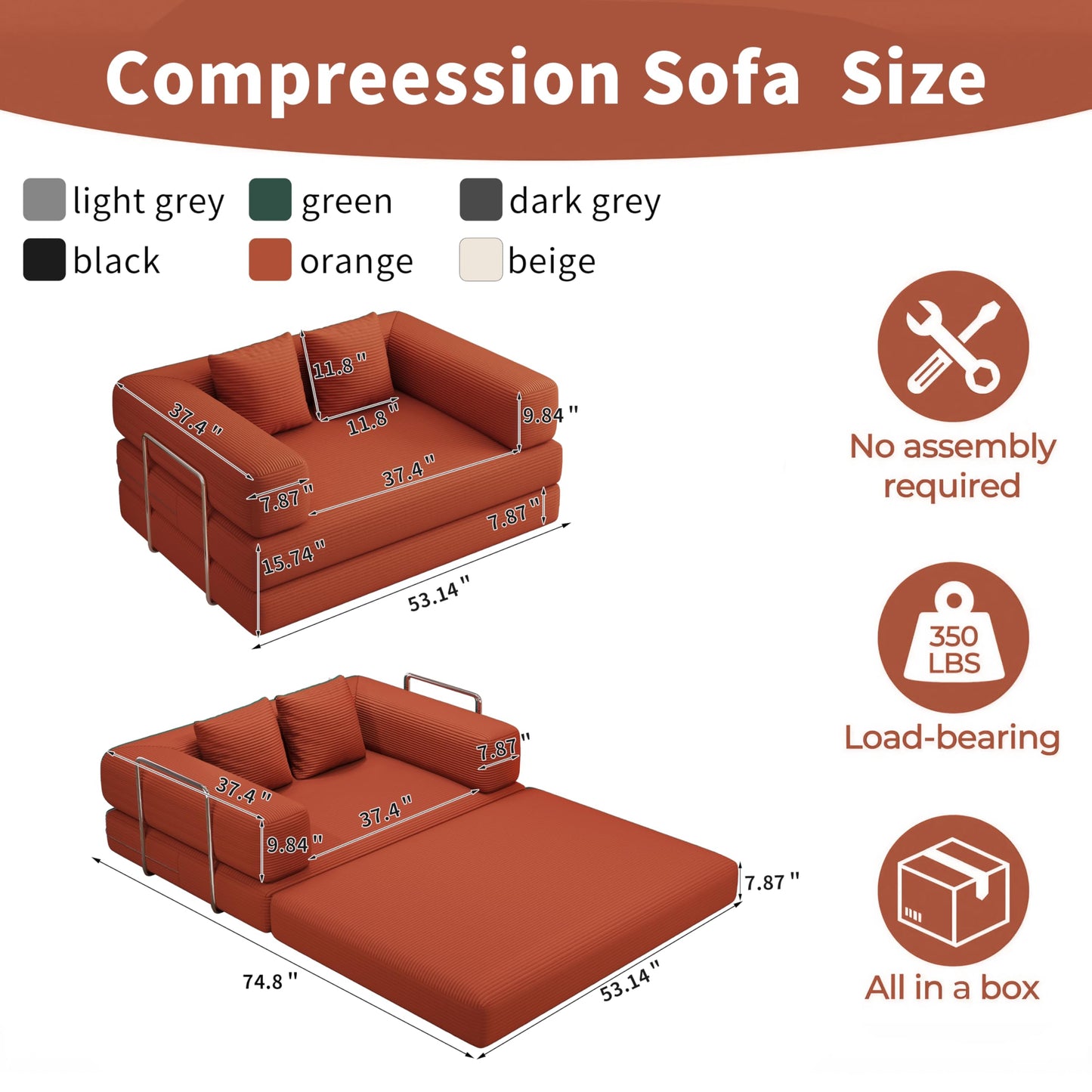 Convertible Futon Sofa Bed, 2 Seater Corduroy Floor Queen Size Bed Foldable Sleeper Lounge Boneless Loveseat Couch with 2 Throw Pillows for Living Room Bedroom Guest Room(Orange, 53.15"Double Sofa)