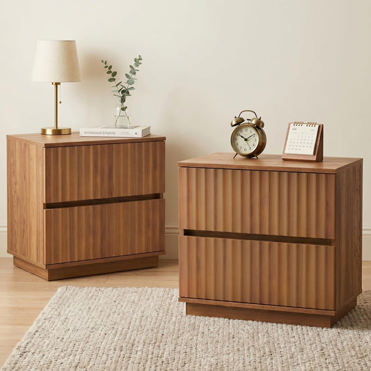 FurniXpress Fluted Nightstands Set of 2, 23.6" Wide Walnut Brown Mid-Century Modern Bedside Tables with 2 Drawers, Handleless Night Stand for Bedroom