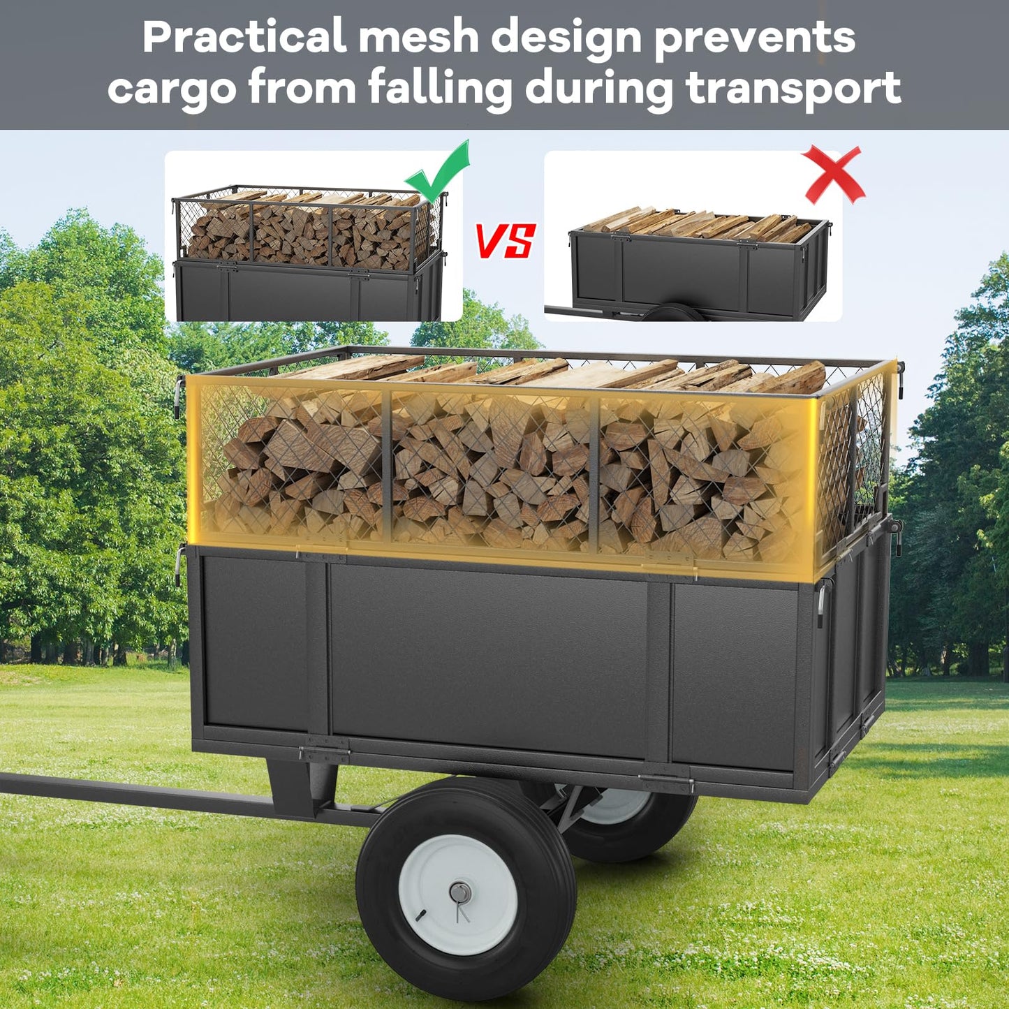 GarveeLife Heavy Duty 750 lbs Steel Garden Dump Cart for ATV/UTV – 17 Cu Ft Utility Trailer – Removable Sides, Pneumatic Tires, Quick-Dump – Yard Cart for Lawn Tractor, Mower, Farm & Landscaping