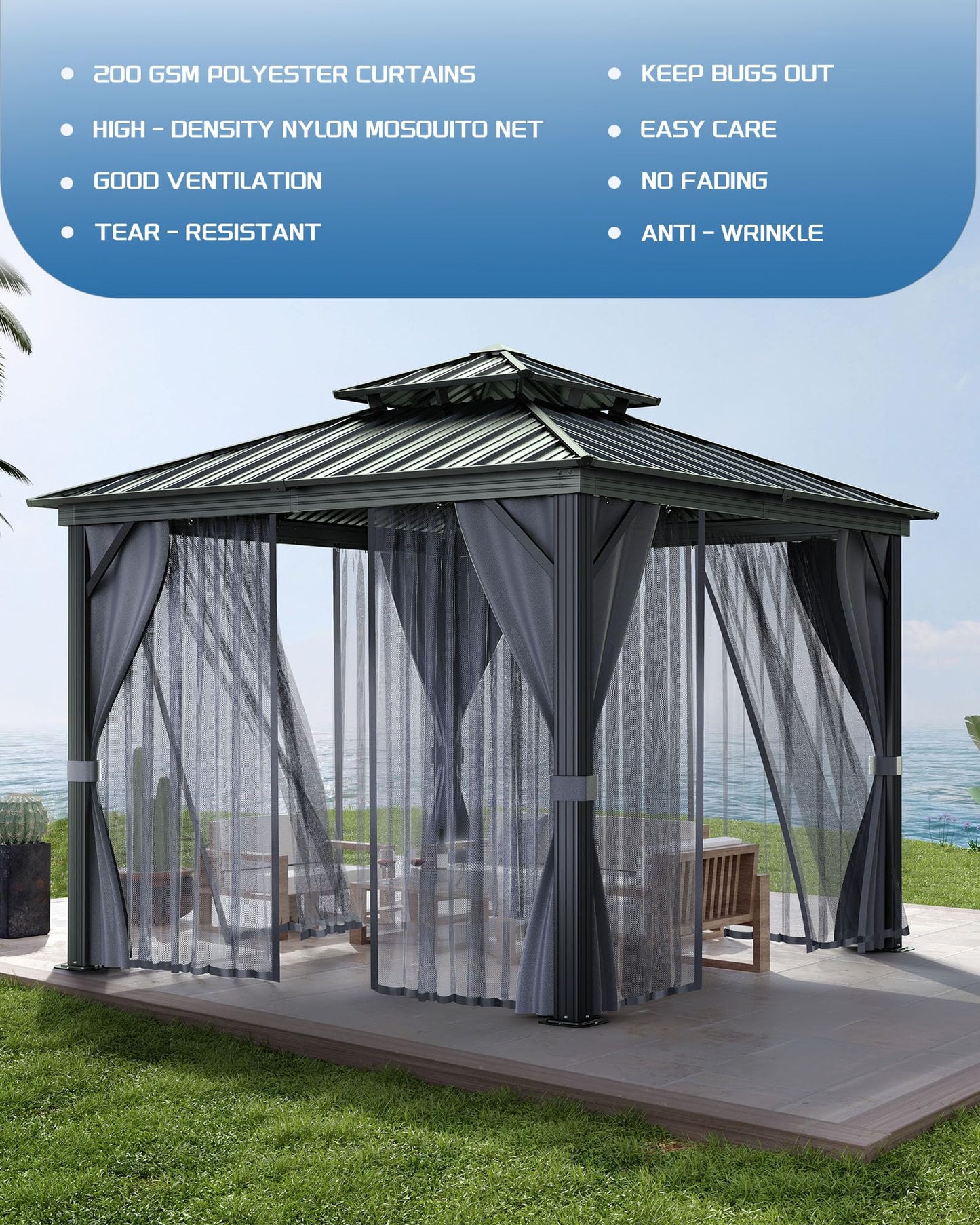 GarveeHome Outdoor Gazebo 10x10 Hardtop, Permanent Pavilion with Aluminum Frame, Double Roof, Mosquito Net & Privacy Curtains. Ideal Canopy Tent for Patio, Garden, Deck.Carpa para Patio for Parties