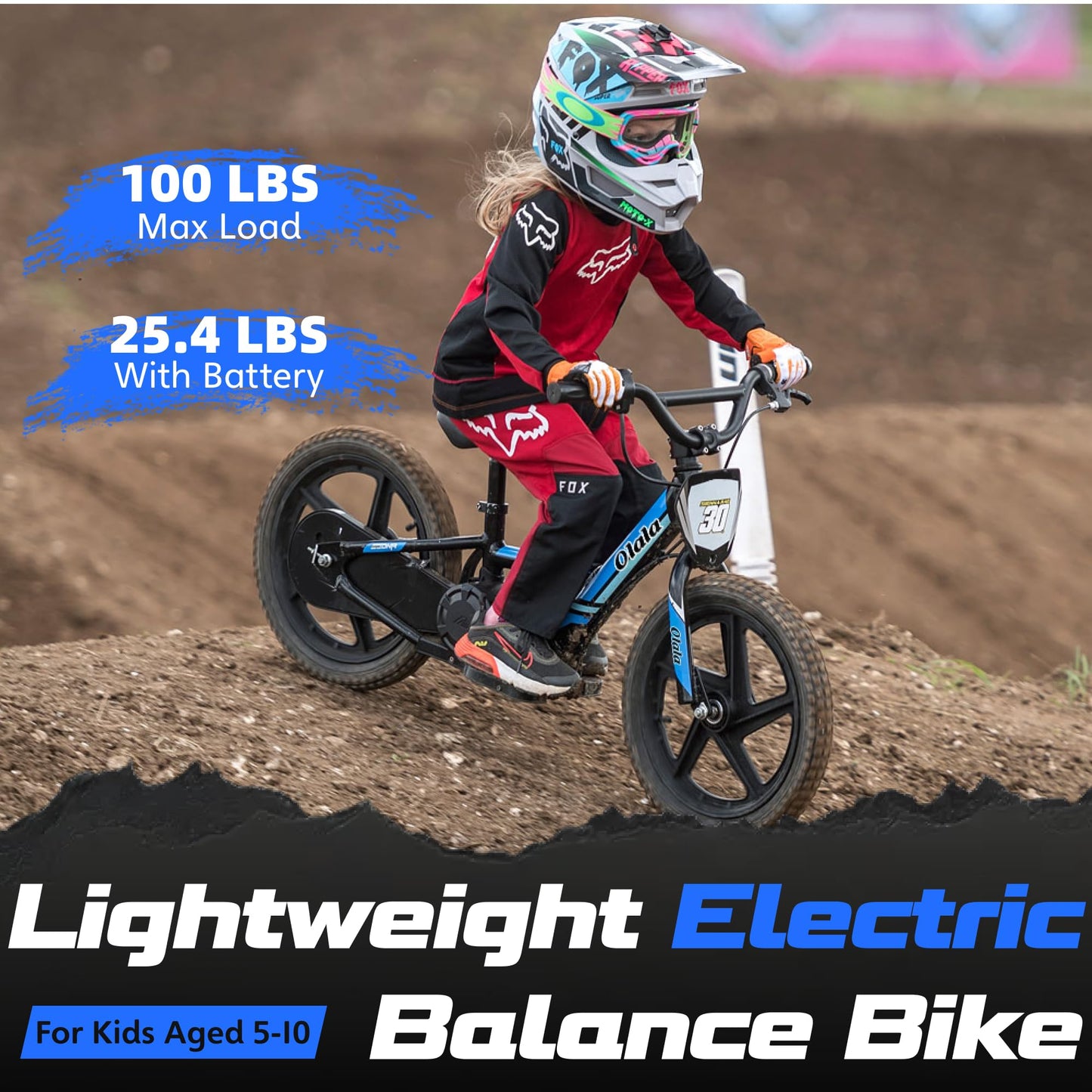 OLALA Electric Dirt Bike for Kids Aged 5-10, 340W Racing Grade Electric Motorcycle with Aluminum Frame, Up to 12MPH & 3 Speed Settings, Safe Disc Brakes, 16IN Knobby Tires