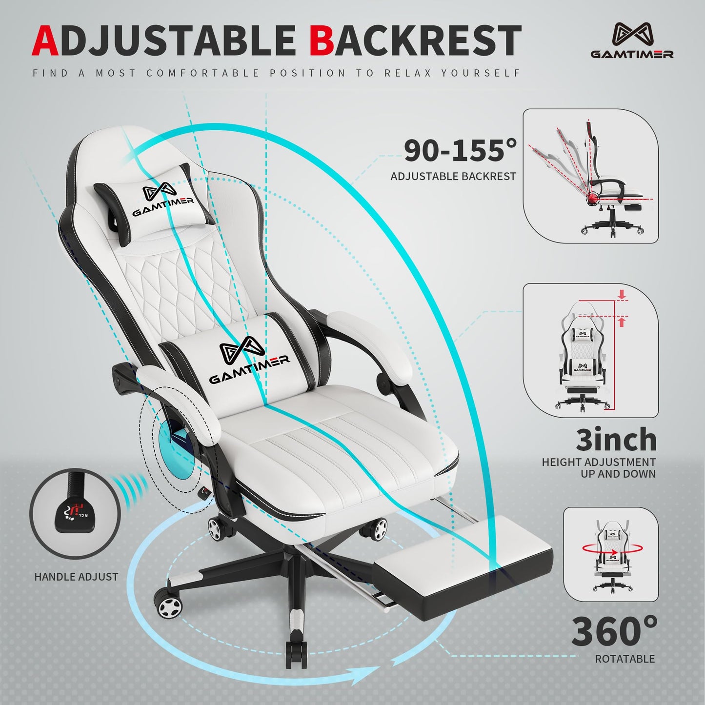 Gamtimer Gaming Chair with Footrest, Ergonomic Computer Chair, PU Breathable Material with Headrest and Lumbar Support, Suitable for Silla Gamer and Adults (White)