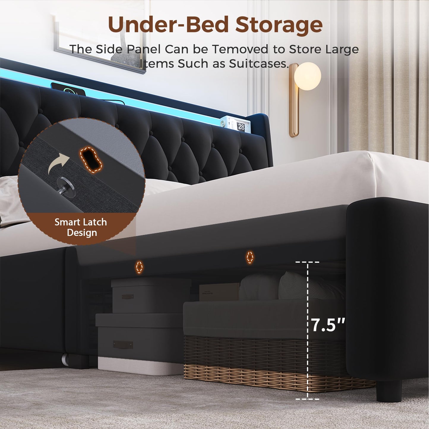 Full LED Velvet Bed Frame with 2 Storage Drawers&Hidden Headboard, Upholstered Platform Bed with Charging Station&Button Tufted Design, Wooden Slats Support, Box Spring Optional, Easy Assembly, Black