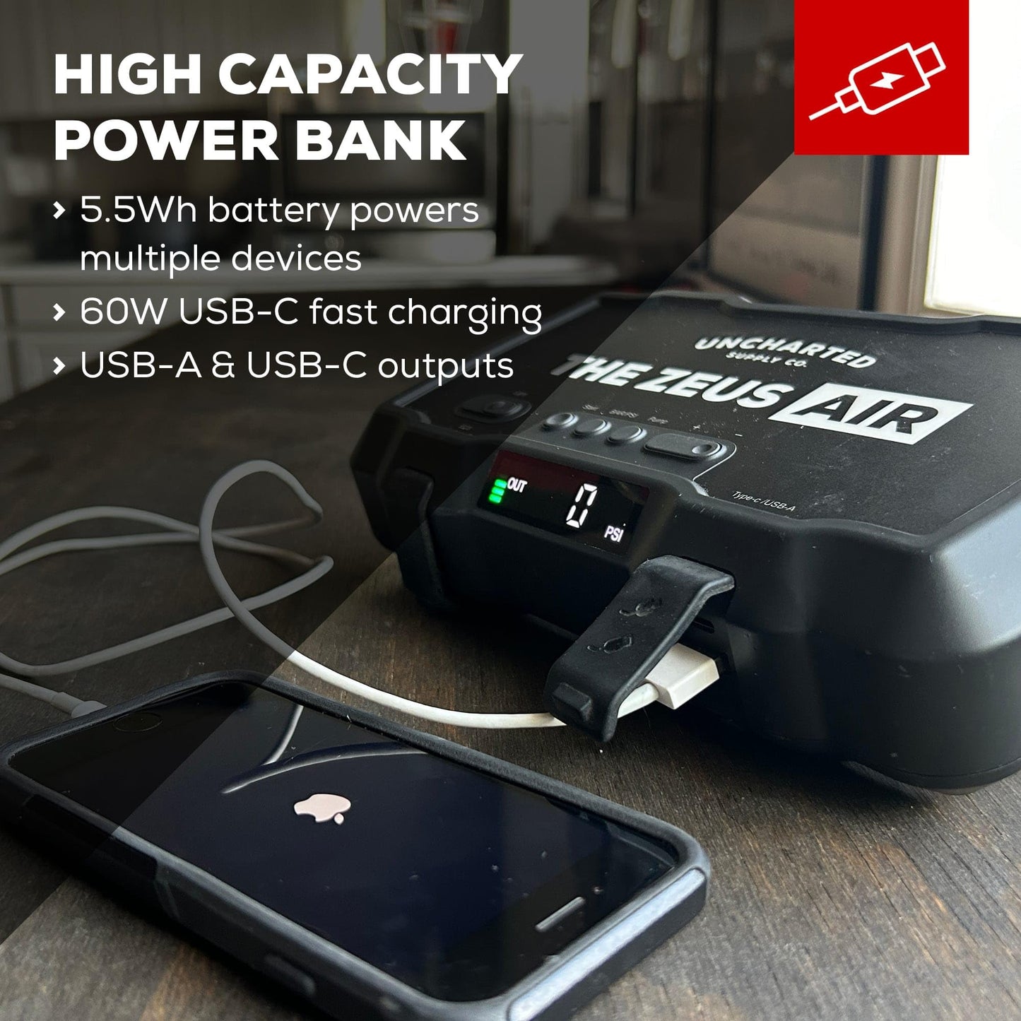 Uncharted Supply Co. Zeus Air, Portable 2000A Jump Starter, 150 PSI Tire Inflator & Compressor, 15,000mAh Power Bank with USB-C Fast Charging & LED Flashlight