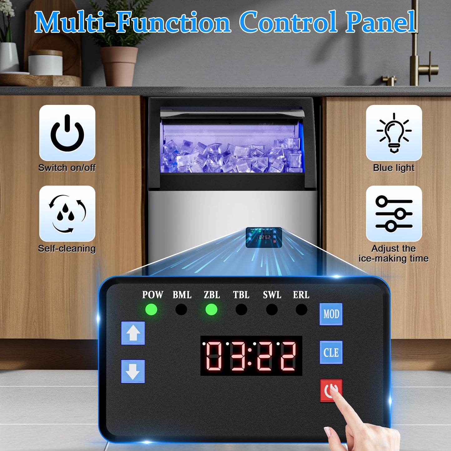 Commercial Ice Maker Machine 200lbs/24H,Stainless Steel Spray Drench Ice Maker 60lbs Storage,50pcs Hat Cubes Per Cycle,Freestanding Gourmet Ice Maker Self-Cleaning for Office, Restaurant, and Bar