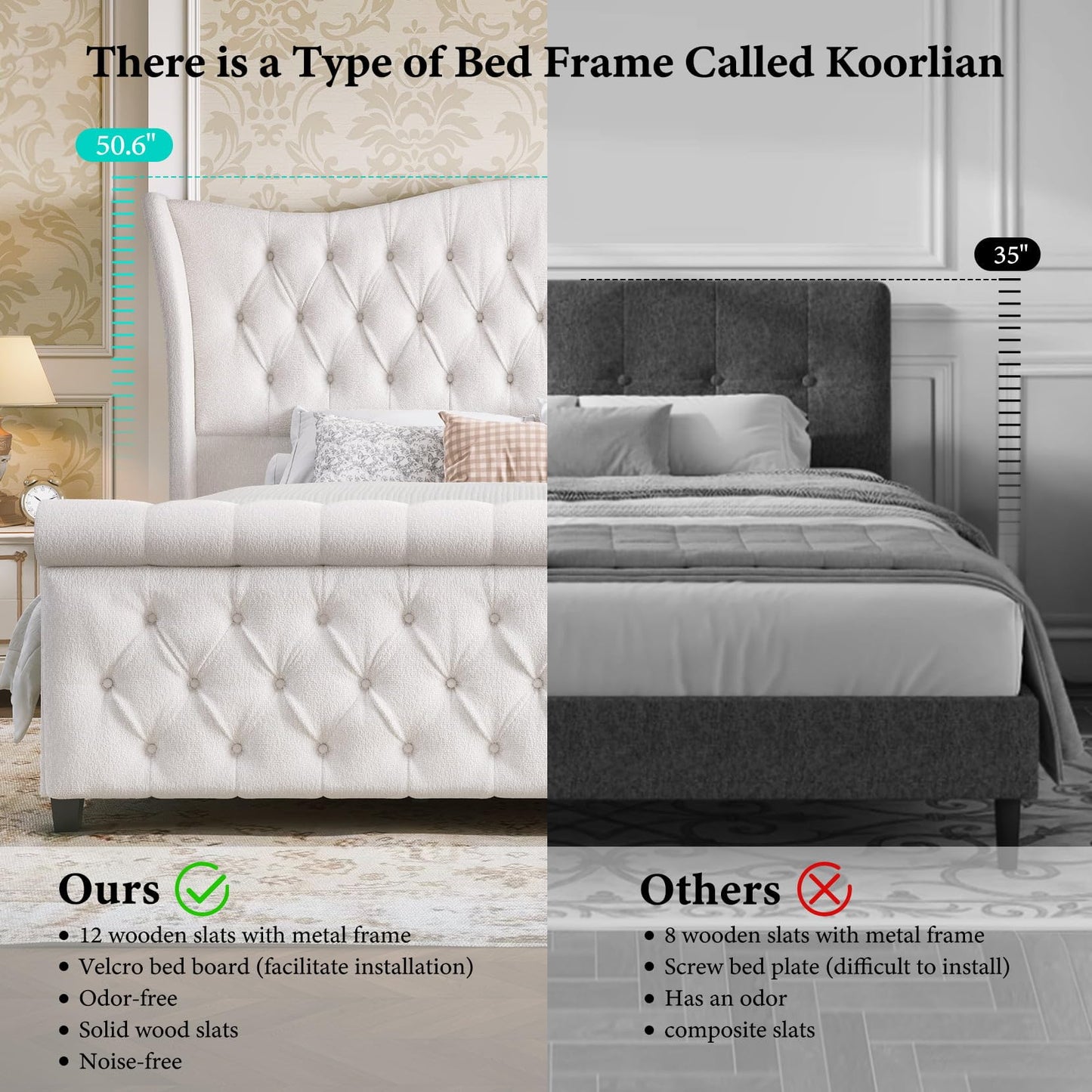 koorlian King Bed Frame,Chenille Upholstered Sleigh Bed with Scroll Wingback Headboard & Footboard,Luxury & Soft Button Tufted Modern King Bed,Easy Assembly,No Box Spring Needed