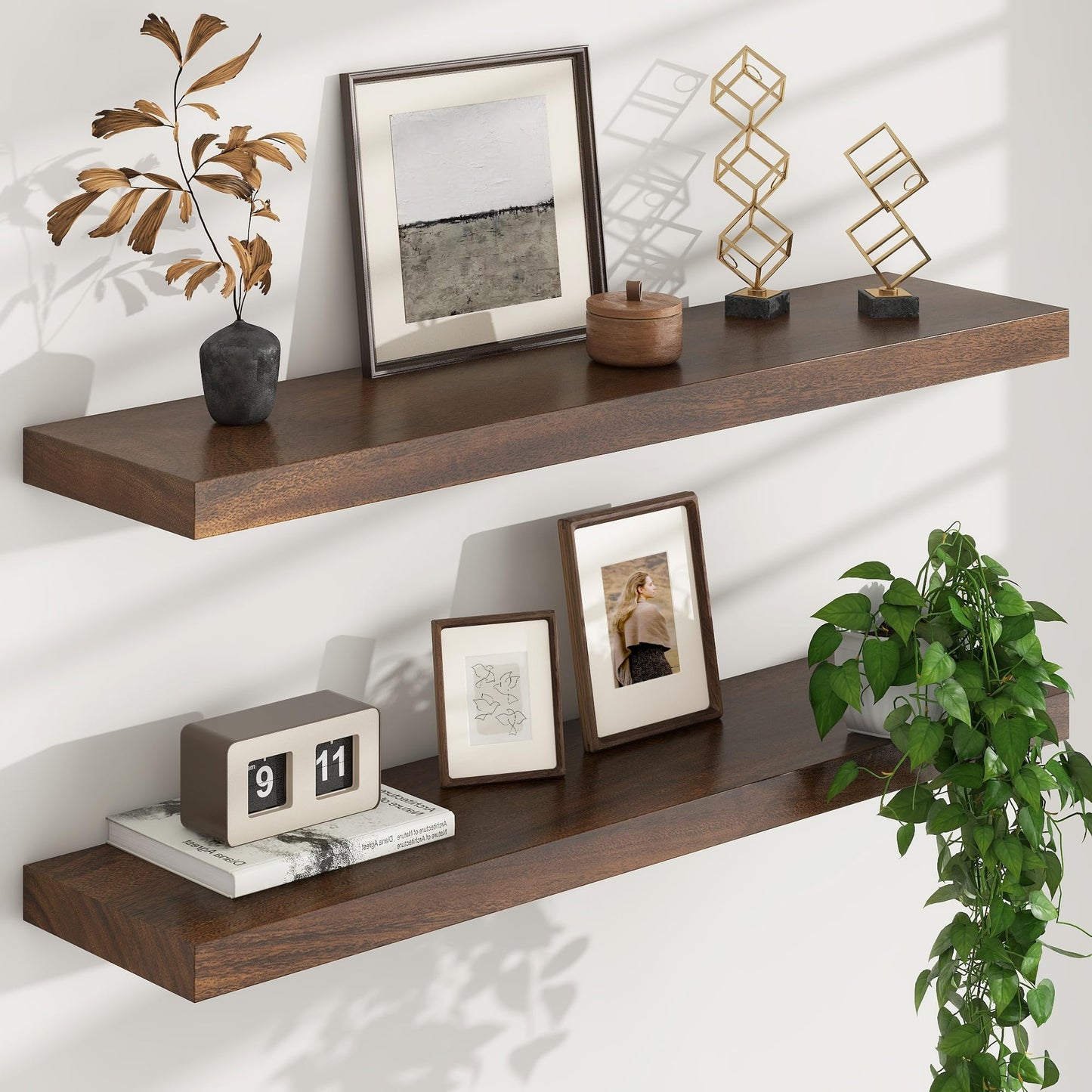 FLYJOE Floating Shelves for Wall, USA-Sourced Walnut Wood 36 Inch Long Wall Shelves Set of 2, Natural Wooden Wall Mounted Picture Ledge Shelf, Nursery Book Storage Shelf Kids Bookshelf, Display Shelf