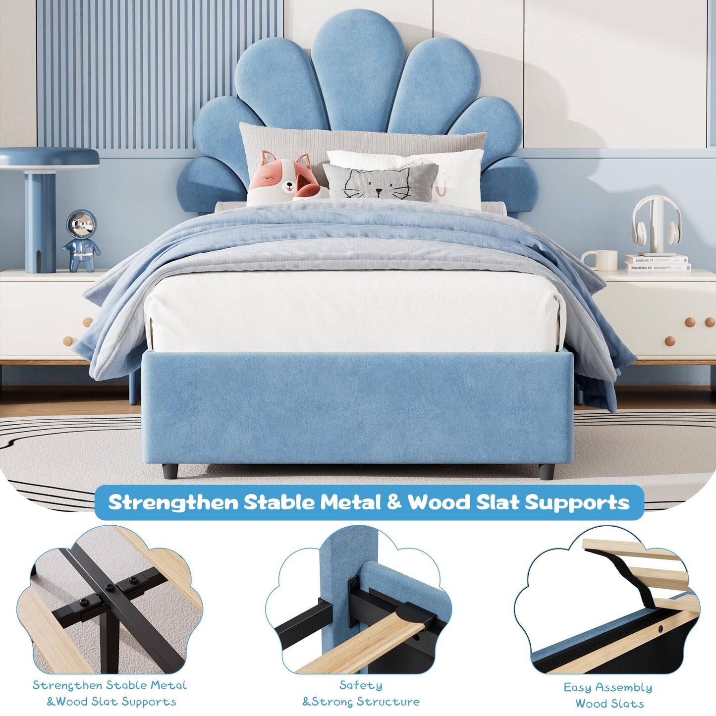 Twin Size Bed Frame for Kids - Cute Princess Style Velvet Headboard with 2 Storage Drawers, Upholstered Platform Bedframe with Solid Wood Slats Support, No Box Spring Needed, Easy Assembly, Blue