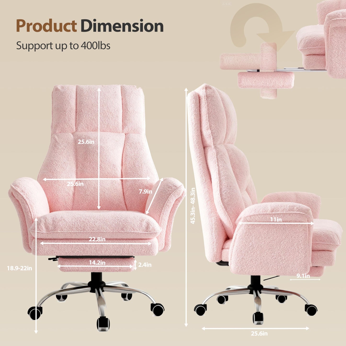 Big and Tall Office Chair, Flip Armrests for Pets & Cross Legged Sitting, Executive Ergonomic Computer Gaming Chair with Foot Rest, Teddy Fleece Wide Seat Reclining Desk Chair, Pink