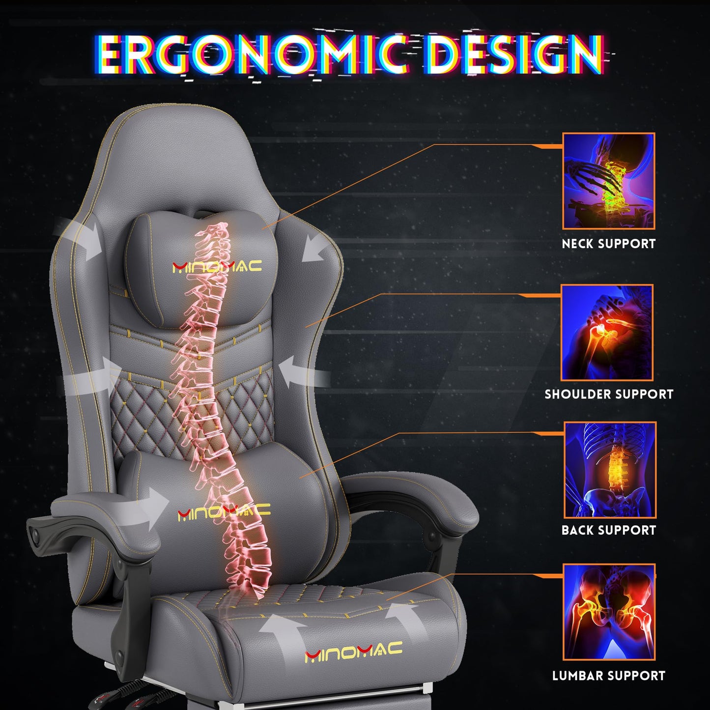 MINOMAC Gaming Chair,Ergonomic Computer Gaming Chair,400lb Load-Bearing,Retractable Footrest/Waist Support/Ergonomic Backrest[Spring + 4D Sponge] (Grey)