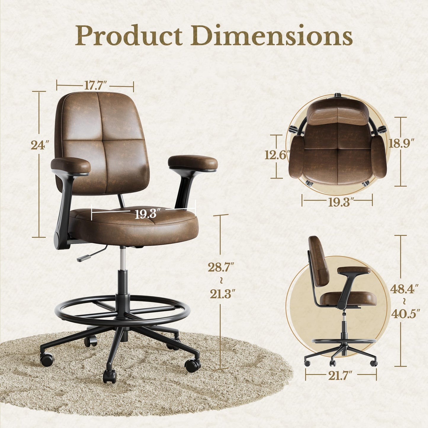 Perledesign Drafting Executive Chair, Tall Office Chair with Padded Flip-Up Armrests, Mid-Back Cushioned Seat, 360° Swivel Rolling Computer Desk Chair for Standing Desk & Home Office, Vintage Brown
