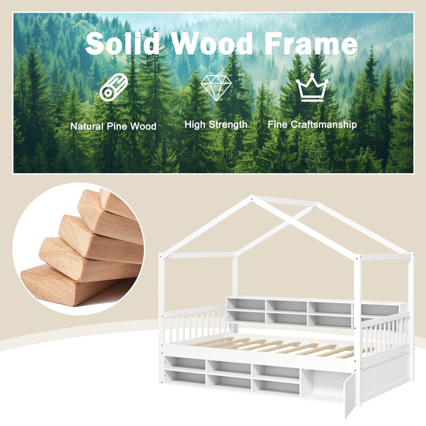 KOMFOTT Twin Size Wood House Bed with Storage Shelves, Wooden Platform Bed Frame with Storage Cabinet, Headboard & Footboard, House Bed with Wood Slats Support, No Box Spring Needed (White)