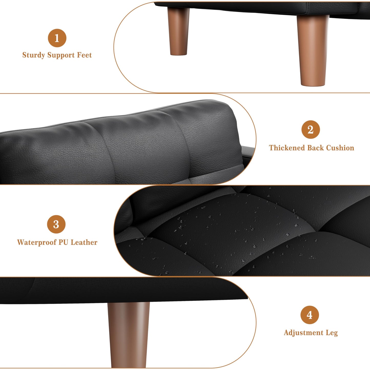 IDEALHOUSE 83” Black Faux Leather Couch, 3 Seater Sofa Couches with 2 Removable Back Cushions for Living Room, Large Mid Century Modern Office Apartment Couch (Black)