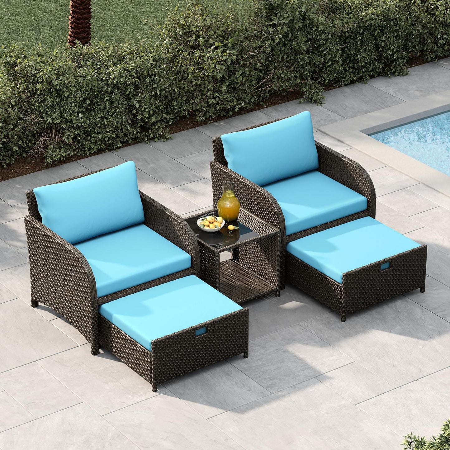 Garvee Patio Furniture Set, 5-Piece PE Rattan Wicker Outdoor Seating Set with Ottomans and Glass Tabletop, All-Weather Conversation Furniture for Garden Balcony