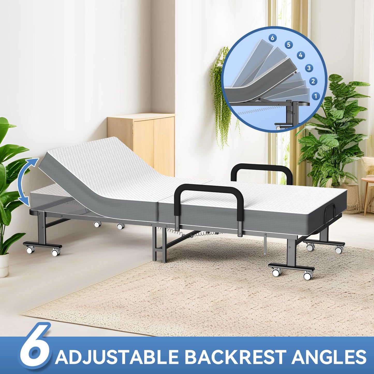 OSTYRA Folding Guest Bed with Mattress and 6 Position Adjustable Backrest for Adults, Metal Folding Trundle Bed, Office Nap, Lunch Break, Comes with Folding Bed for Convenient Storage