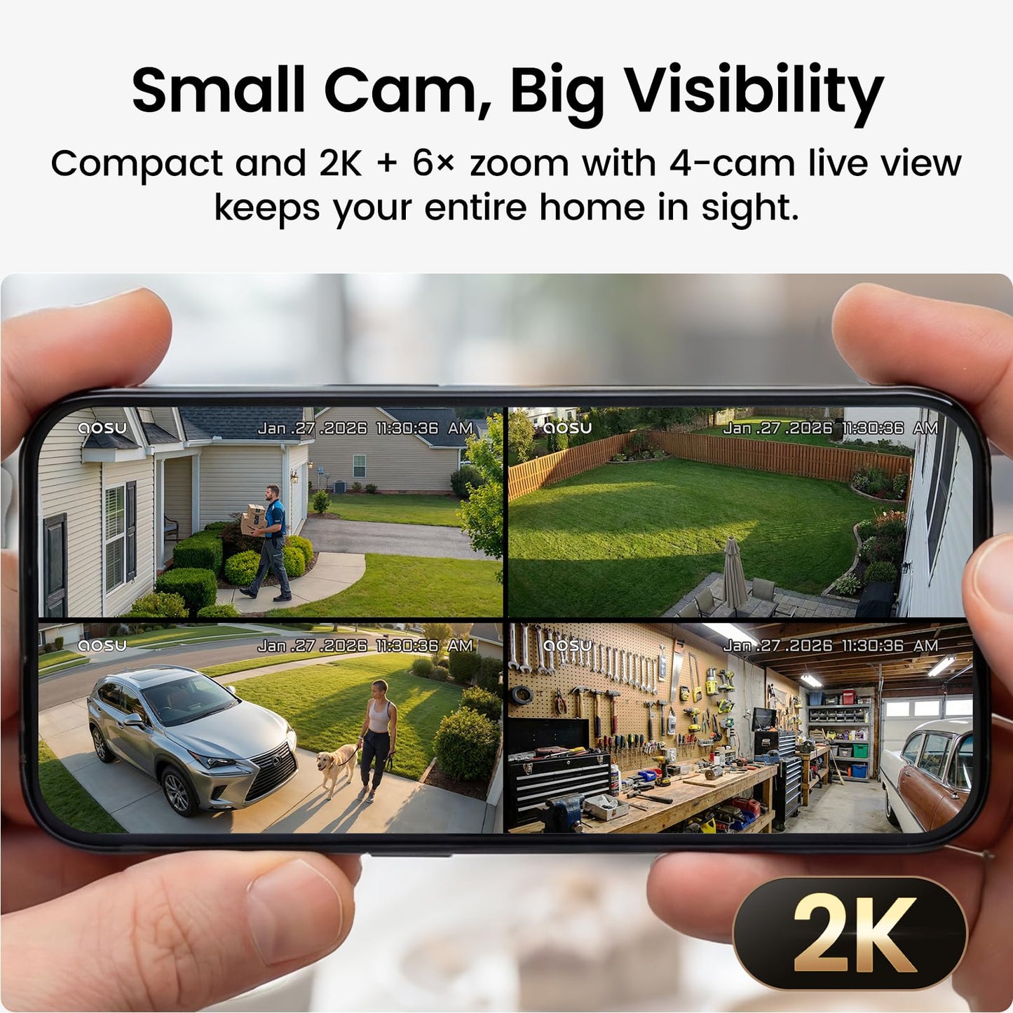 aosu Outdoor Security Cameras Wireless Home Surveillance System with aosuBase, Battery Powered, Cross-Camera Tracking, True 2K HD Color Night Vision, Spotlight, Motion Alert, Easy Setup, 6-Cam-Kit