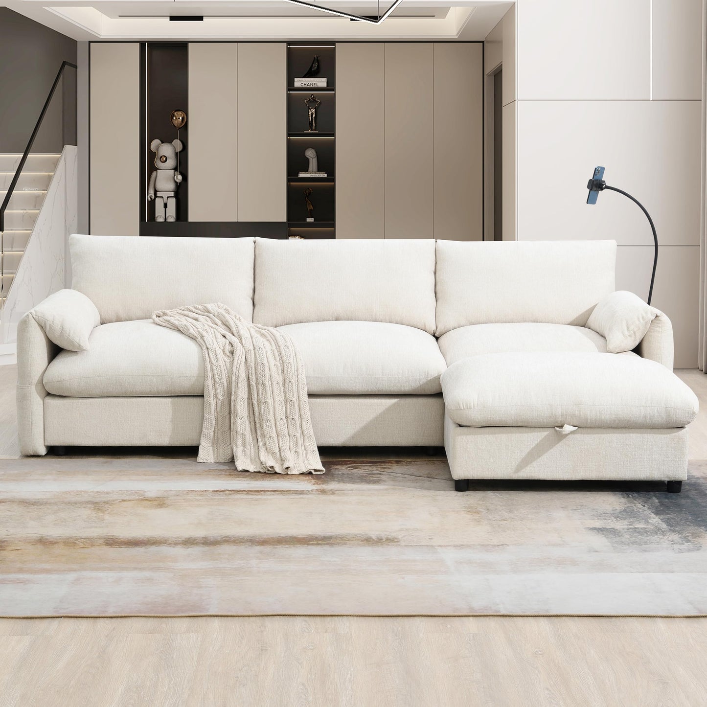 Merax Modern Chenille Sectional Sofa with Storage Ottoman, USB Charging Port & Phone Holder, L-Shaped 4-Seat Couch Set with Deep Seat for Living Room, Apartment, Beige