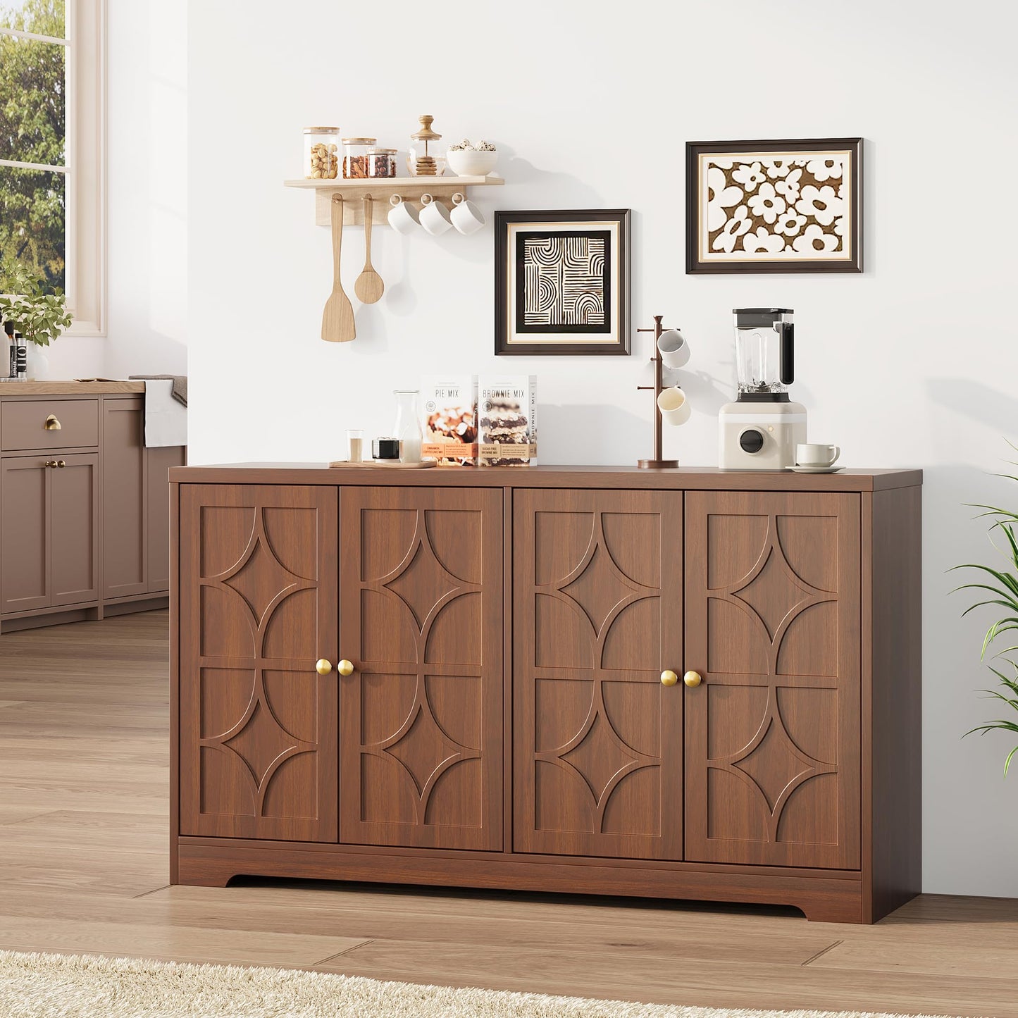 55" Buffet Cabinet with Storage, Sideboard Cabinet with 4 Doors, Wood Coffee Bar Cabinet with Adjustable Shelves, Farmhouse Sideboard Buffet, for Kitchen, Living Room, Entryway, Dining Room (Brown)