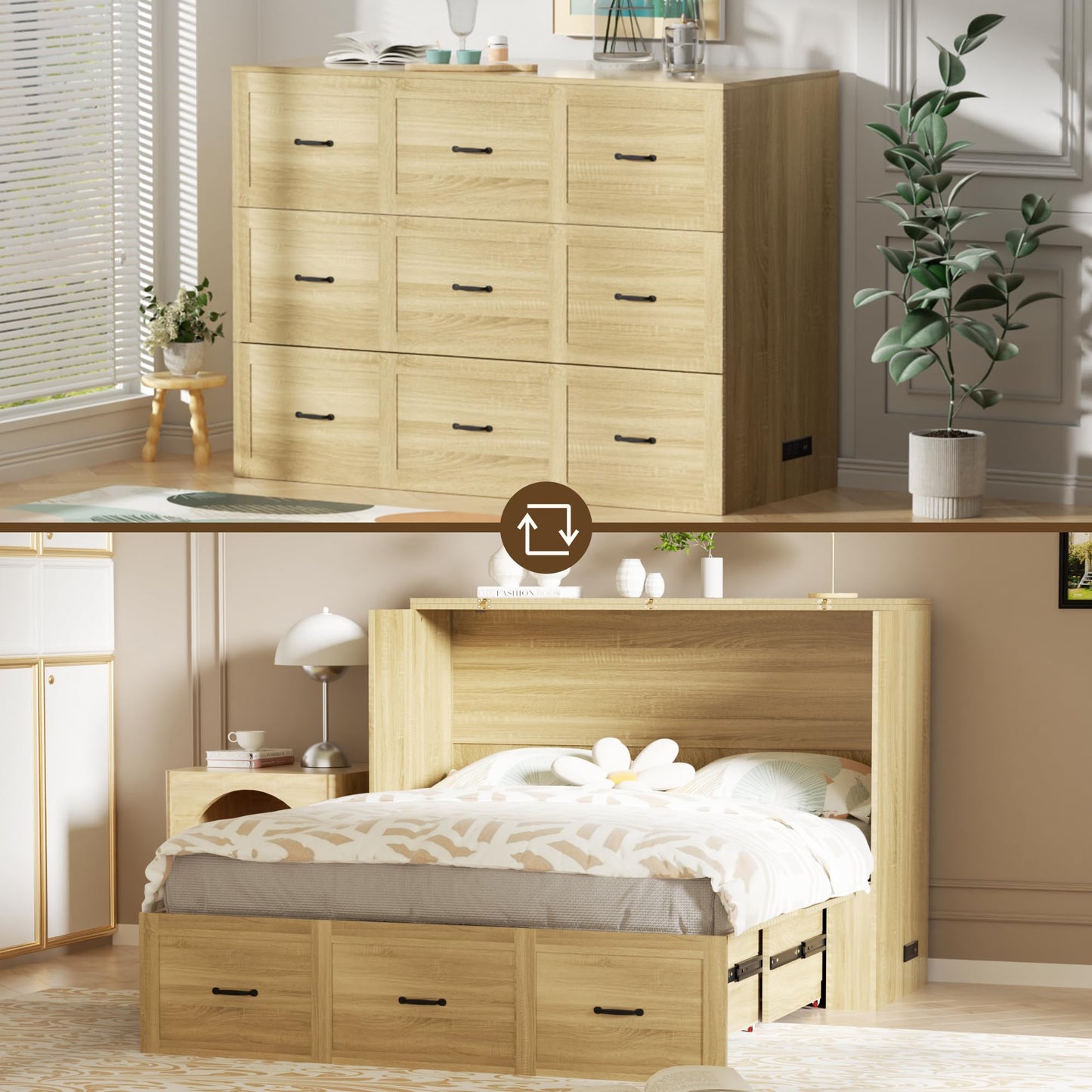 QUNTTINA Full Size Murphy Bed Wood Wall Bed Cabinet with Large Drawer Space-Saving Hidden Foldable Platform Bed Chest Mobile Cabinet Bed Frame Storage Cabinet with USB Ports for Bedroom, Guest Room