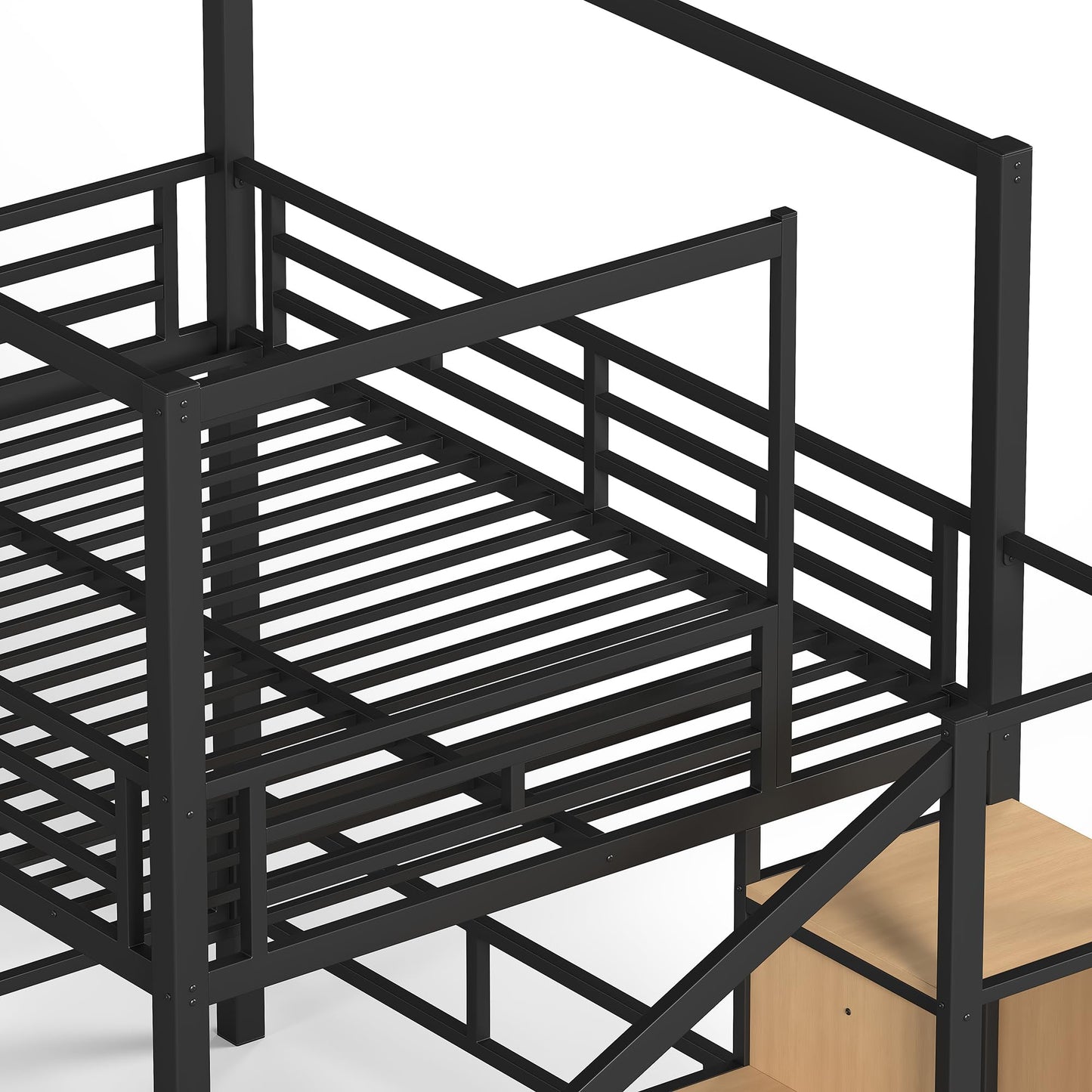 Bellemave Full loft Bed with Storage Stairs, Wardrobe, Canopy Support Pole, Metal Full Loft Bed Frame for Adults, Kids, Teens, Canopy can be Disassembled, Black+Natural Wood