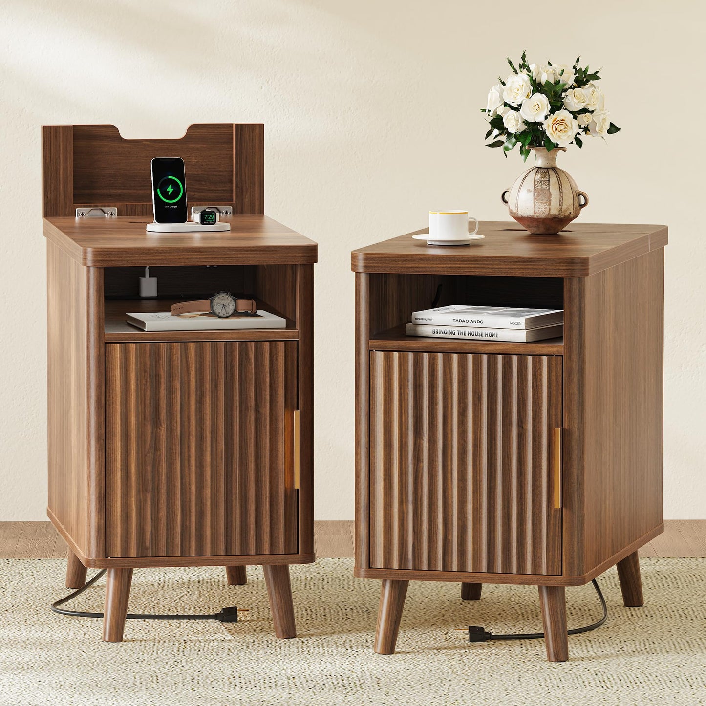 Huuger Narrow Nightstand with Charging Station, USB-C Port, Set of 2 Night Stand, Fluted End Table with Storage Cabinet, Back Rack, Side Table for Small Spaces, 13.4×23.6 Inch, Walnut