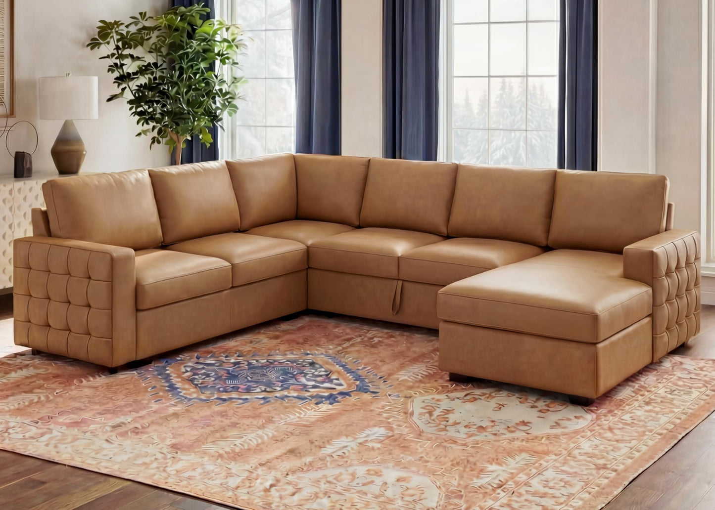 Leathaire 111 Inch Sectional Sleeper Sofa with Pull Out Bed, U Shaped 6 Seat Modular Sectional Couch with Storage for Living Room, Faux Leather Brown