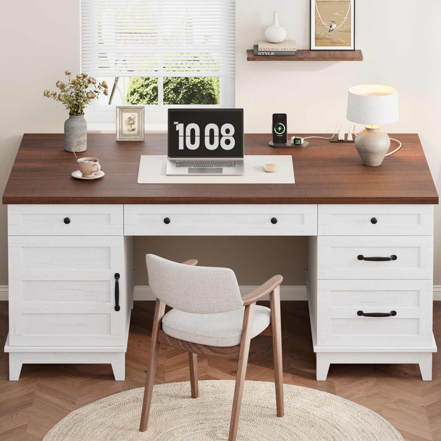 GAOMON 60in Wooden Executive Desk with 5 Drawers, Office Desk Computer Table with Charging Station, Farmhouse Home Office Desk with File Cabinet Storage, for Study and Home Office, White Walunt