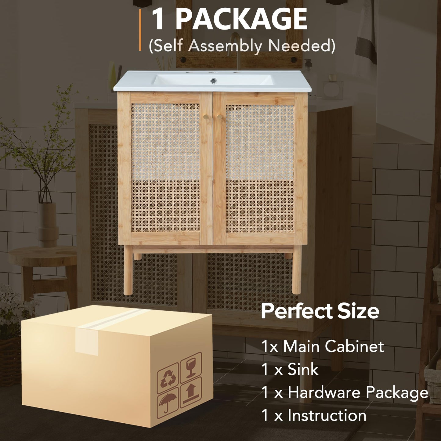 Merax 30" Fluted Bathroom Vanity with Ceramic Sink Combo，Freestanding Modern Bathroom Storage Vanity Cabinet with Featuring Handmade Rattan Doors，Zinc Alloy Handle,Wood