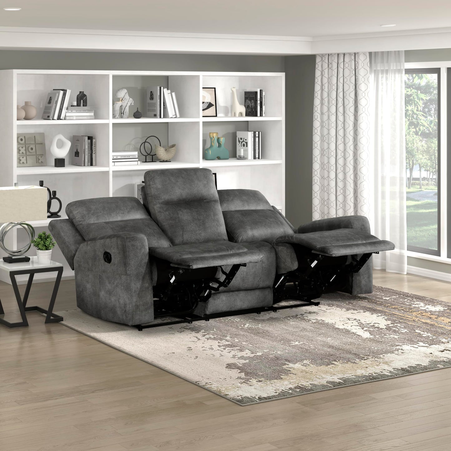 Lexicon Recliner Sofa for Living Room, Double Recliner RV Couch, Manual Wall Hugger Recliner Home Theater Seating Microfiber Reclining Sofa, 80''W Sofa, Brownish Grey