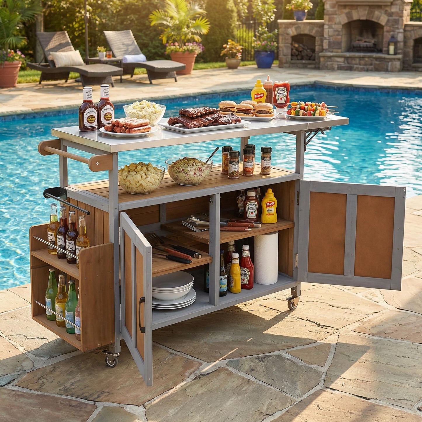 Outdoor Kitchen Island Cart with Foldable Stainless Steel Top, Rolling Grill Table with Adjustable Shelf Storage Spice Rack & Towel Holder, Wooden BBQ Prep Station with Lockable Wheels, Espresso Grey