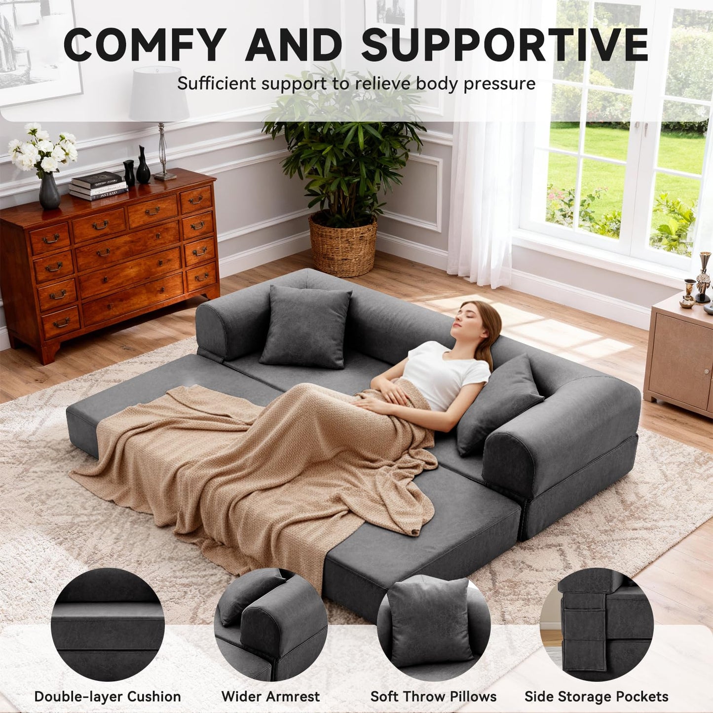 78.5" Convertible Sleeper Sofa Bed, Faux Leather Folding Floor Sofa with Pullout Bed&2 Pillows, No Assembly Modern Boneless Couch Compression Sofa in Box with Storage Pocket for Living Room, Gray