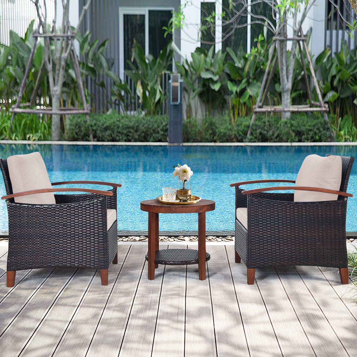 HAPPYGRILL 3 Pieces Patio Conversation Set Outdoor Rattan Wicker Sofa Set with Cushion & Acacia Wood Frame, Coffee Table and Chairs Set for Garden Poolside Balcony
