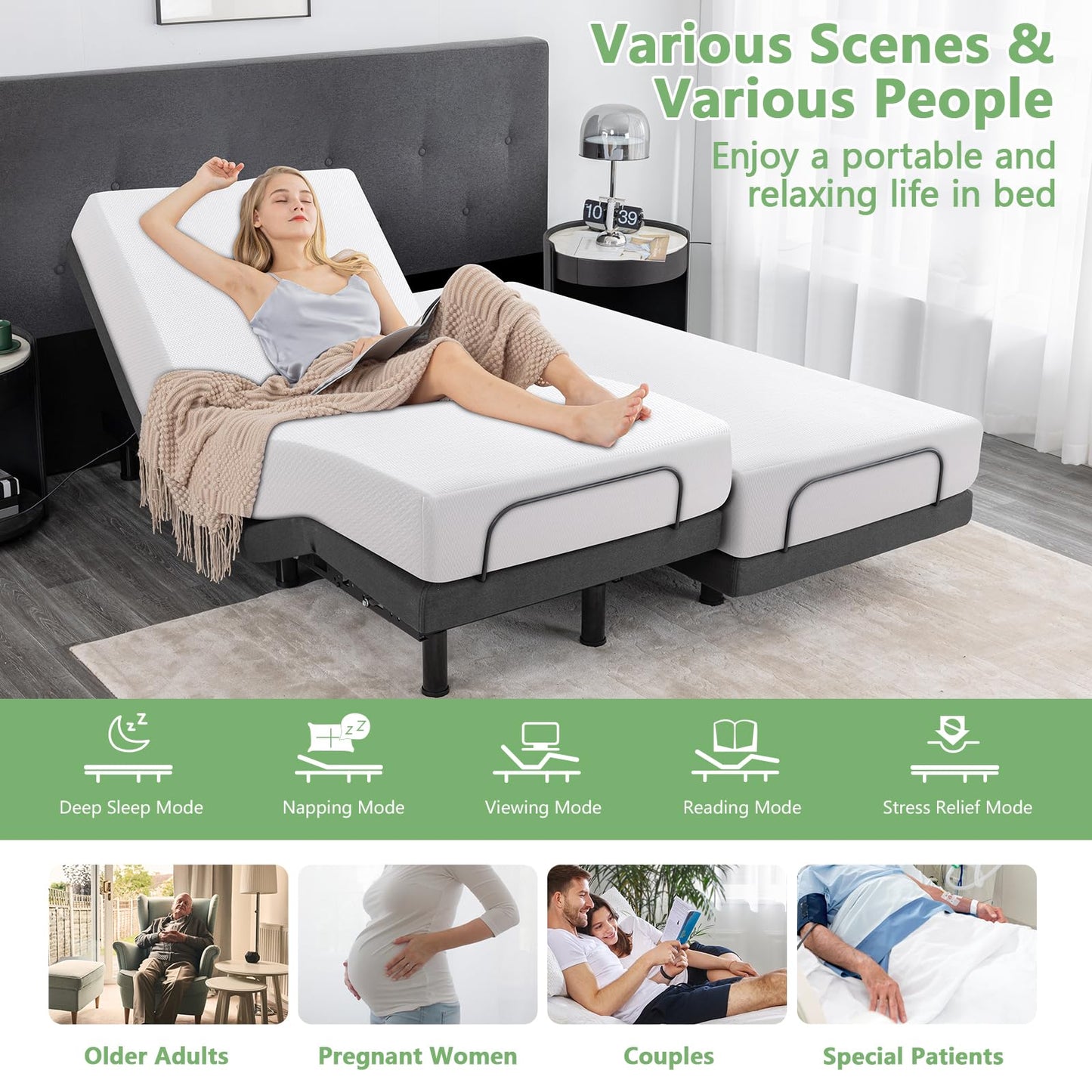 Split King Adjustable Bed Frame with Wireless Remote + 12 Inch Grey Gel Medium Firm Memory Foam Mattress in a Box, Head and Foot Incline,0 Gravity/Anti-Snore,Sturdy Smart Electric Bed Base, 80" × 76"