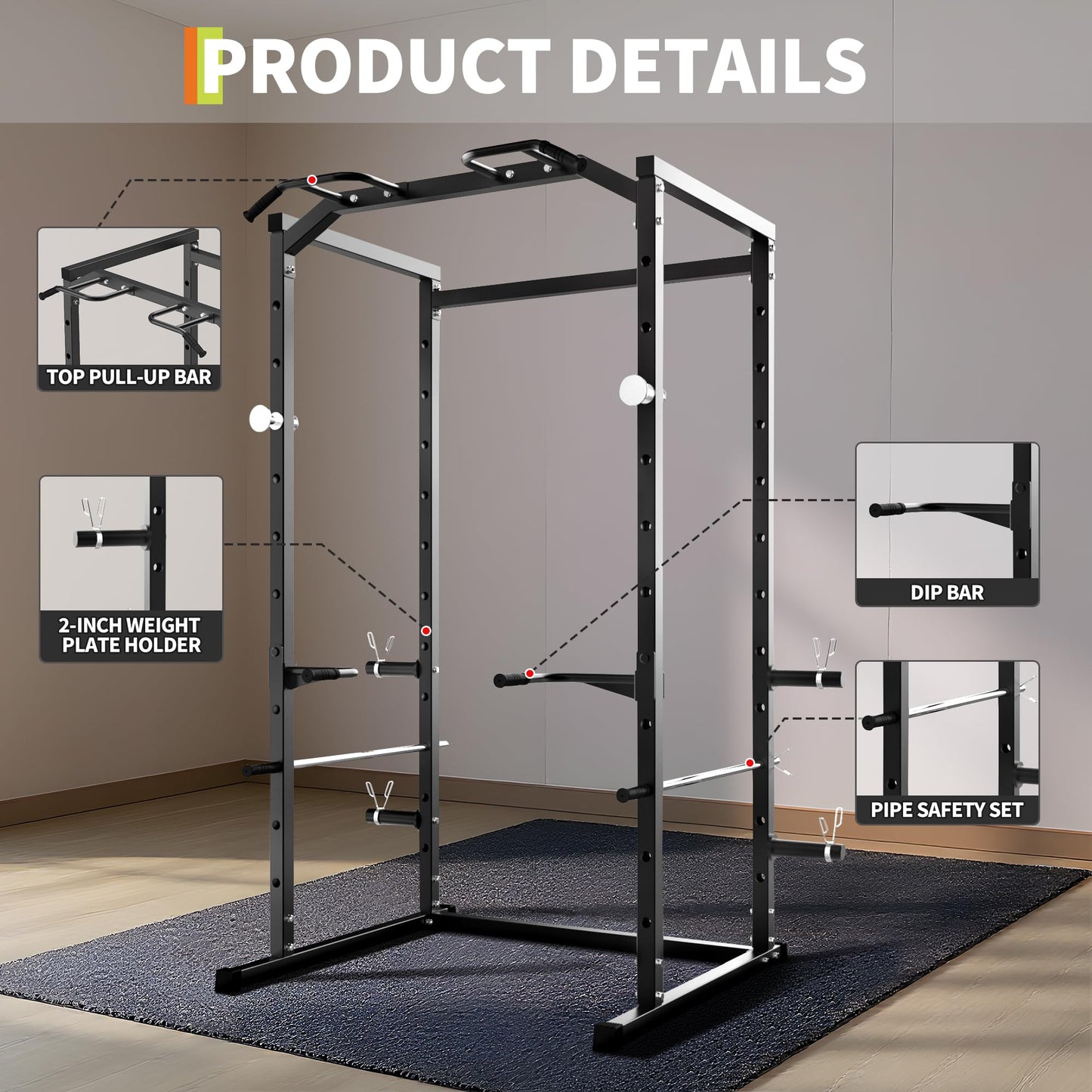 Garvee Power Cage, Squat Rack for Home Gym, 1100LB Capacity Power Rack with Pull-Up Bar, Adjustable Safety Bars, Strength Training for Home Gym, Black