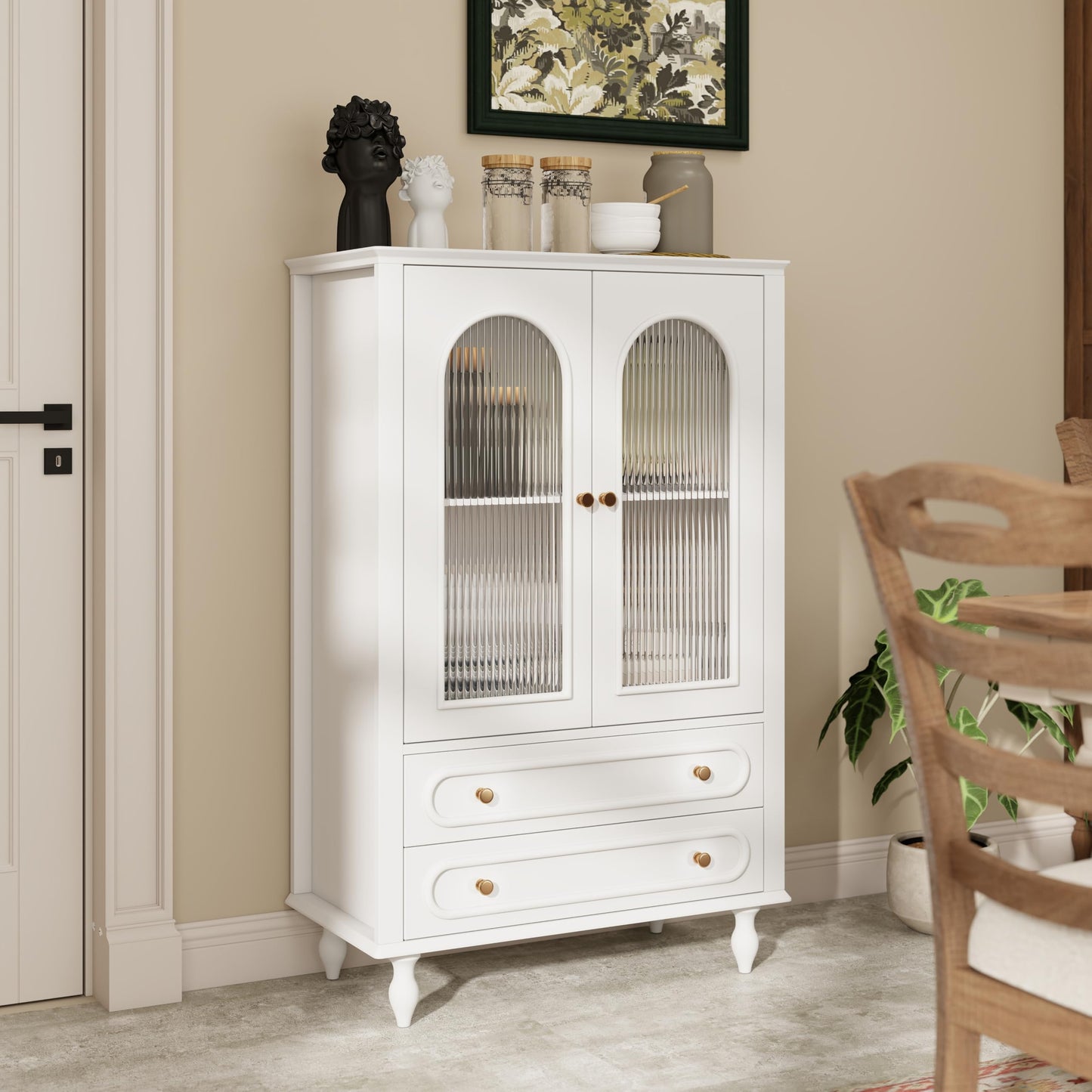KEIKI Glass Display Cabinet with Ribbed Glass Doors, 46.5" Wooden Curio Cabinet with 2 Drawers & Adjustable Shelf, Freestanding Buffet Storage Unit for Living Room Dining Room Entryway, White