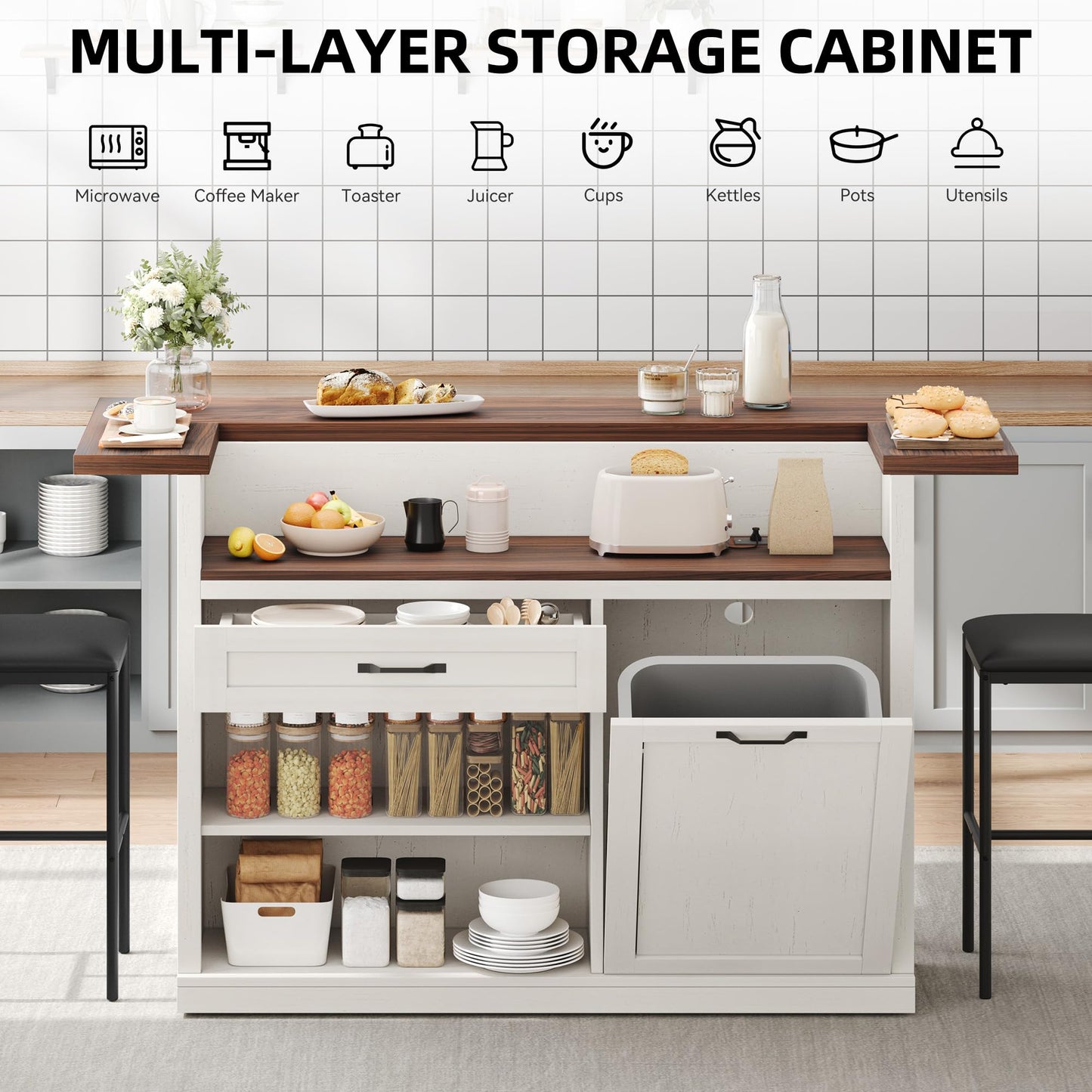 Homiflex Kitchen Island with Storage, Rolling Kitchen Islands with Storage, 55" W Large Island Table, Breakfast Bar Counter with Drop Leaf, Trash Can Cabinet, Power Outlet for Dining Room, Walnut