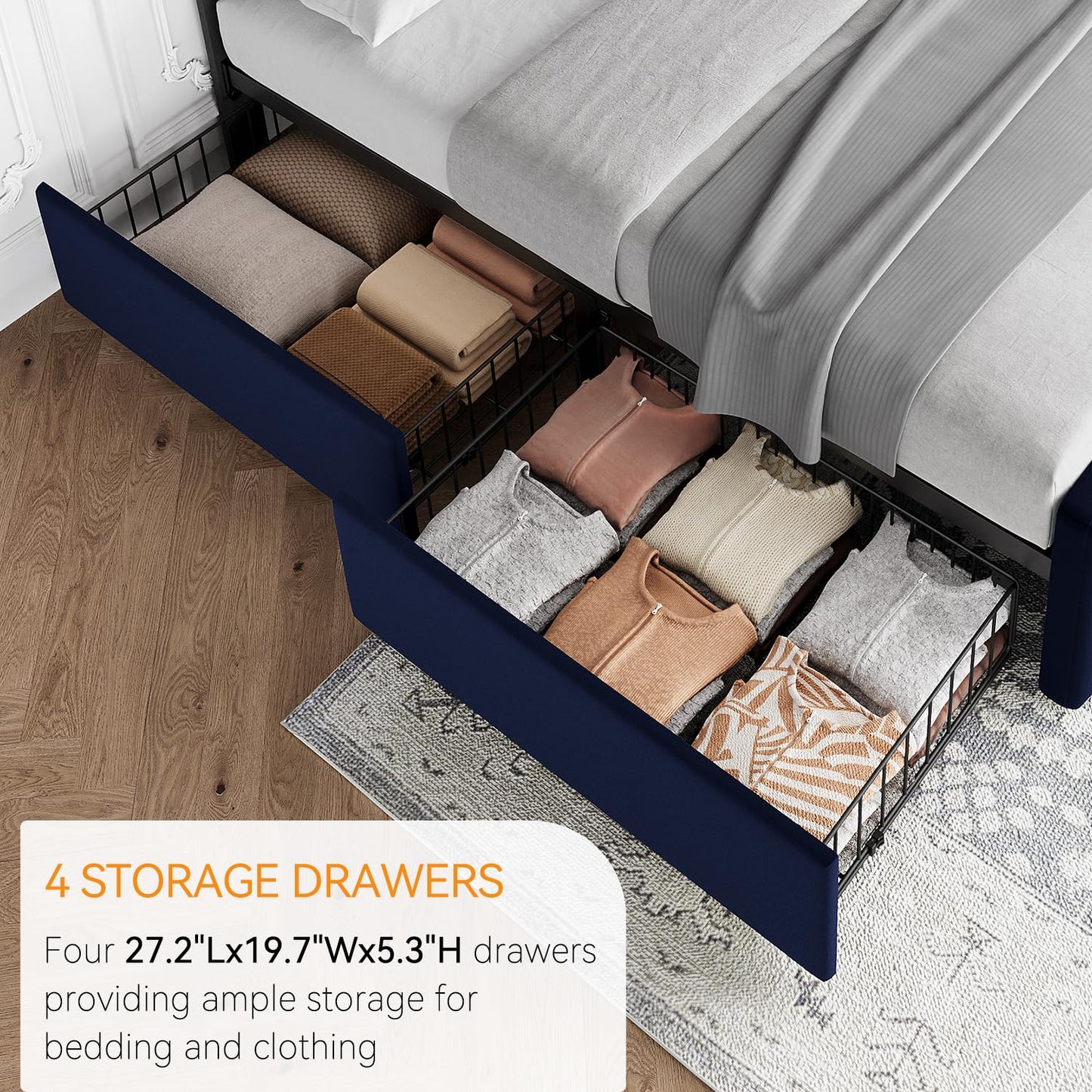 GAOMON Queen Size Bed Frame with 4 Drawers and Adjustable Headboard, Velvet Upholstered Platform Bed with Button Tufted Design, No Box Spring Needed, Strong Wooden Slats, Blue