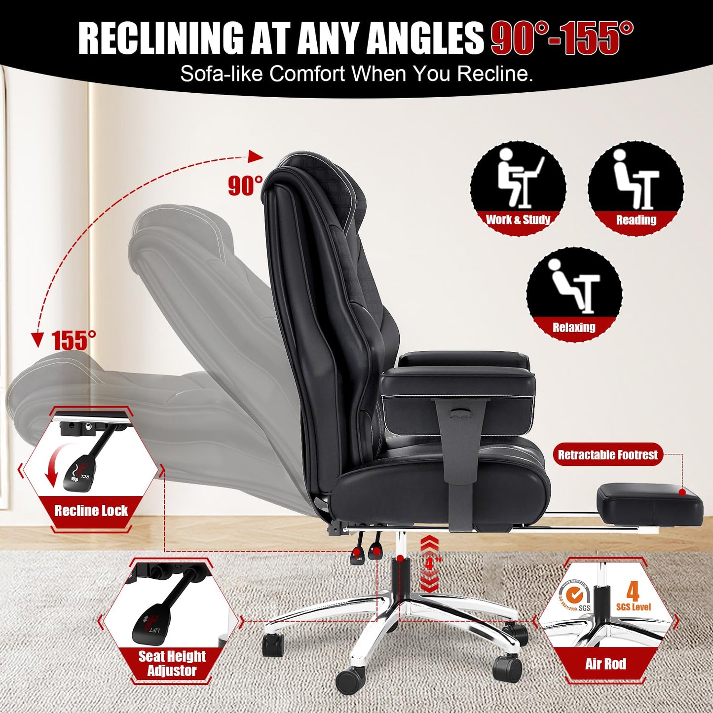 400lbs Big and Tall Office Chair, Wide Ergonomic Leather Executive Chair for Heavy People with Foot Rest, High-Back Reclining Computer Chair with Swivel Wheels and Lumbar Support (Black)
