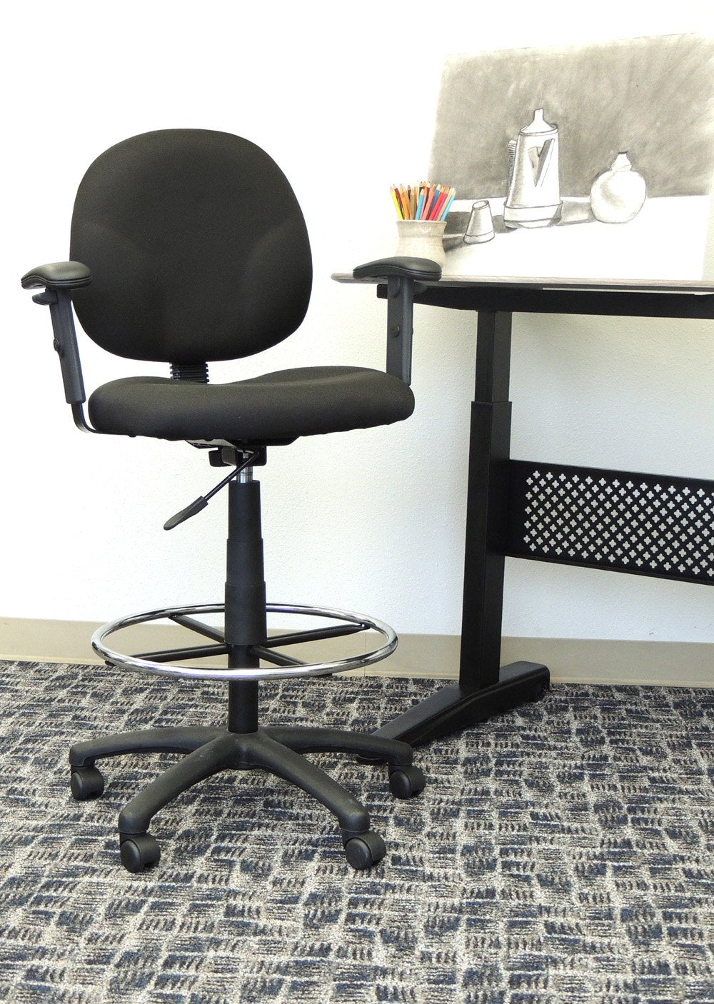 Boss Office Products B1691-BK Stand Up Fabric Drafting Stool with Adjustable Arms in Black