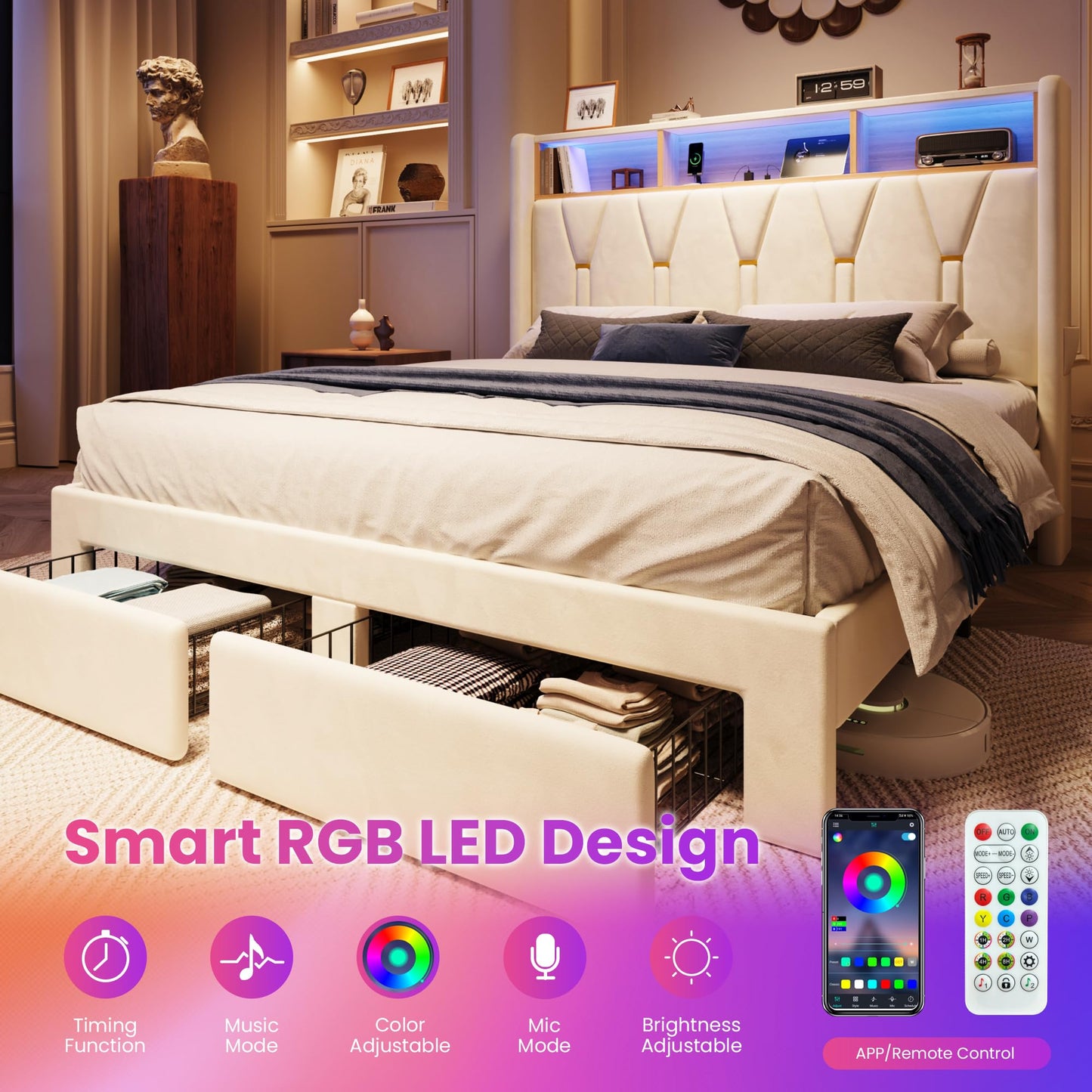 SHA CERLIN Queen Velvet Platform Bed Frame with 2 Storage Drawers, LED Storage Headboard with Charging Station, Upholstered Wingback Headboard, Noise-Free, No Box Spring Needed, Easy Assembly, White