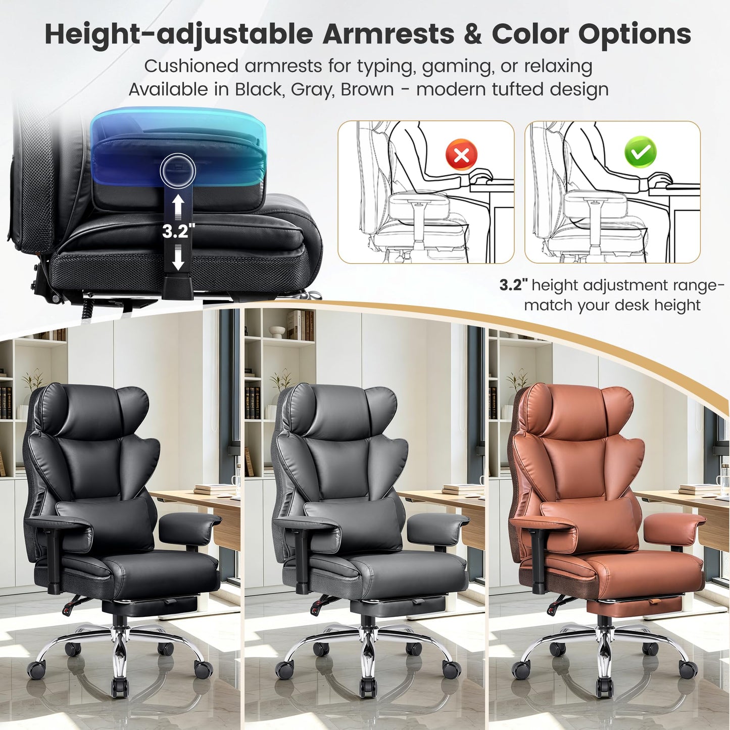 Stella Mia Big & Tall Office Chair – 21.3" Wide Seat High Back Ergonomic Executive Chair with Retractable Footrest, Heavy Duty Computer Gaming Chair for Heavy People, Black 2 Pack