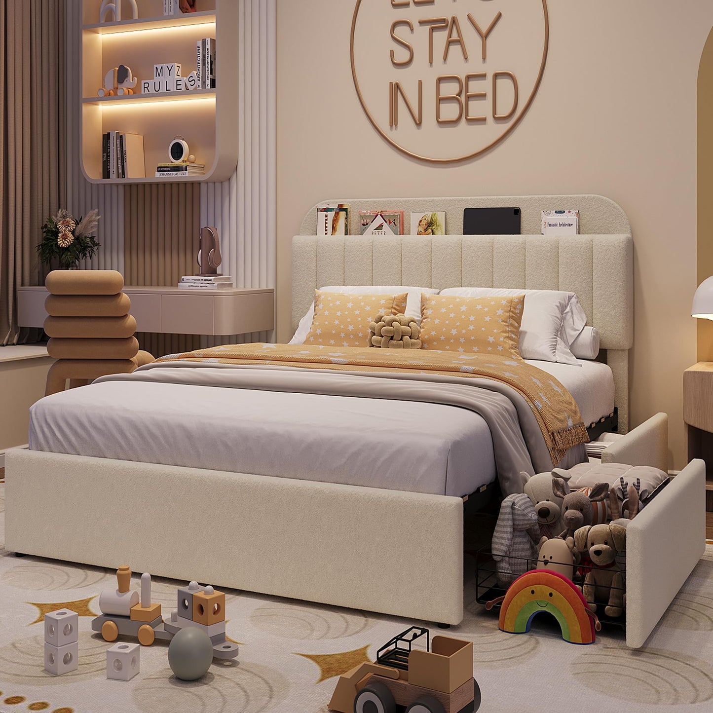 IDEALHOUSE Full Bed Frame with 2 Flexible Drawers and Bookcase Headboard, Boucle Upholstered Platform Bed for Boys/Girls, Noise-Free, Easy Assembly, No Box Spring Needed, Beige