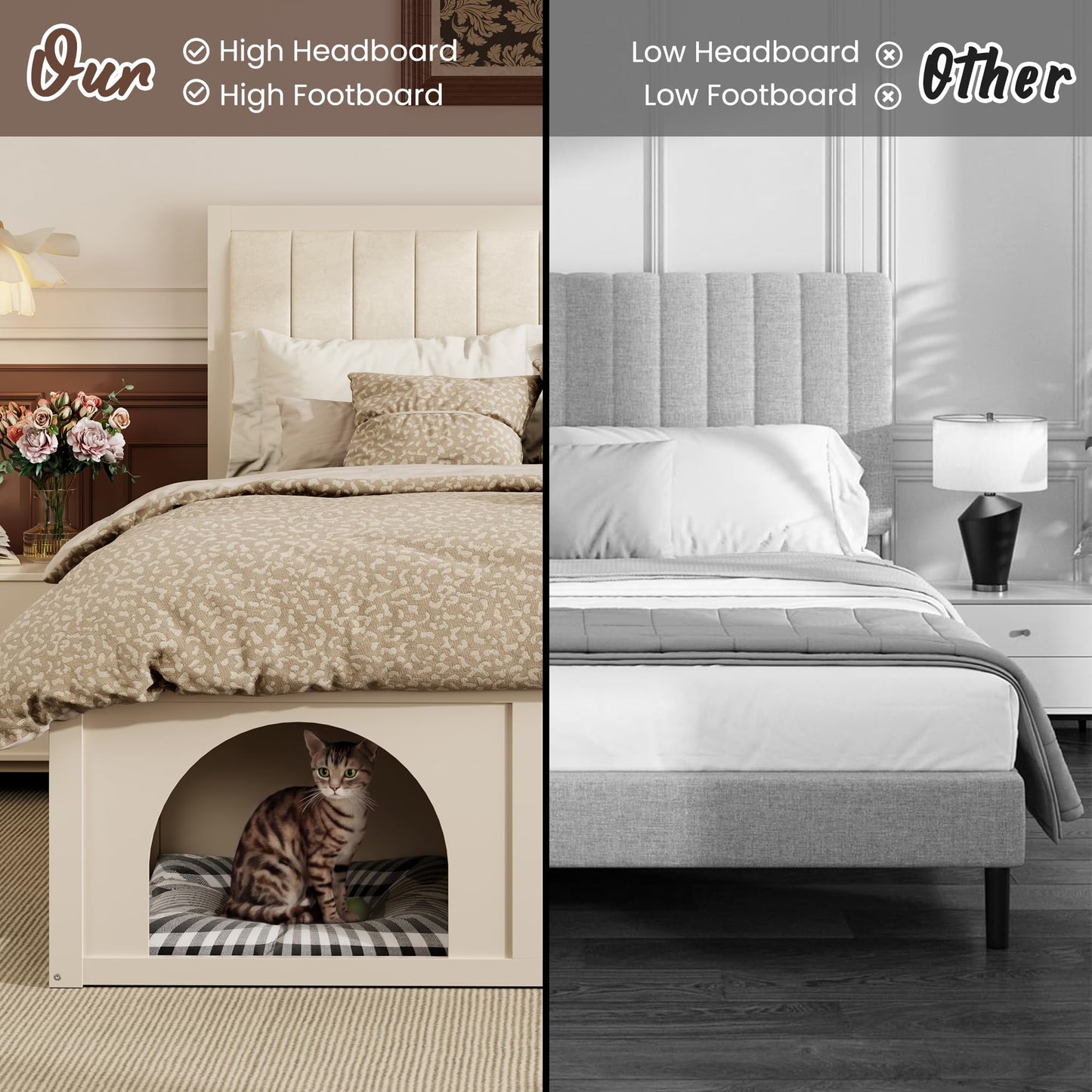 Christopher Knight Home Queen Size Pet-Friendly Platform Bed Frame with Upholstered Headboard, Elevated Bed with Under-Bed Pet Nook and Storage Space, Wood Slat Support, No Box Spring Needed, Beige