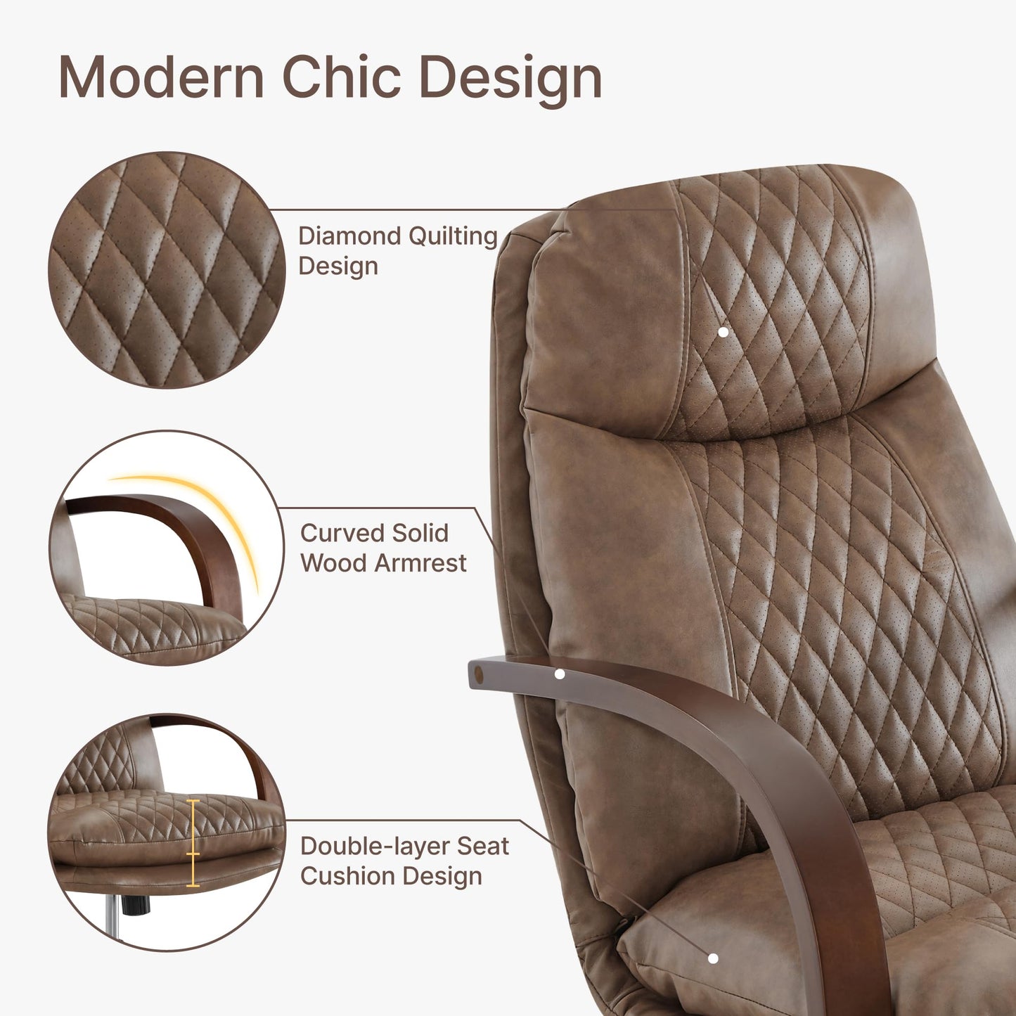 KISLOT Home Office Desk Chair, Ergonomic Office Chair with Lumbar Support, Adjustable Swivel Computer Chair with Wheels, Faux Leather Executive Task Chair with Wood Arms, Brown