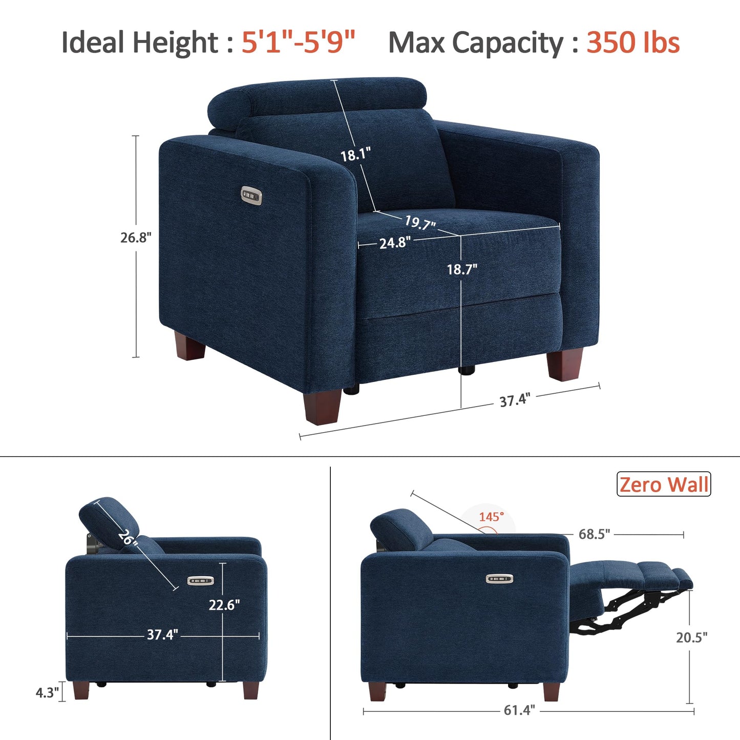 MCombo Zero Wall Recliner Chair, Wall Hugger Power Recliner Chair with Adjustable Headrest, High Wood Leg, USB & Type C Dual Charge Ports, for Living Room, Small Spaces, HL128 (Textile, Blue)
